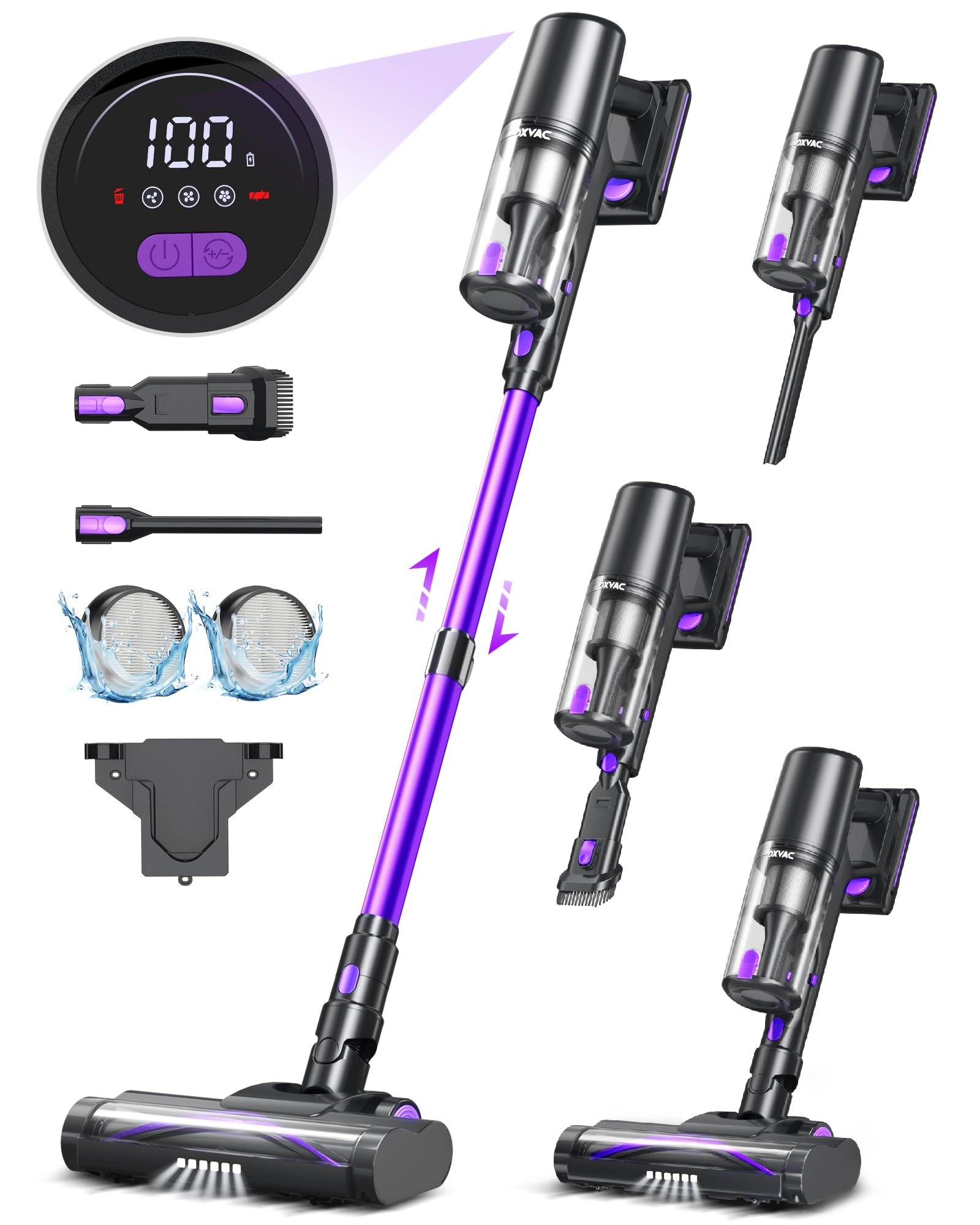 Oxvac Cordless Vacuum Cleaner With Led Display, 45Kpa 550W Brushless Motor, Max 50 Mins Runtime With Detachable Battery, 6 In 1