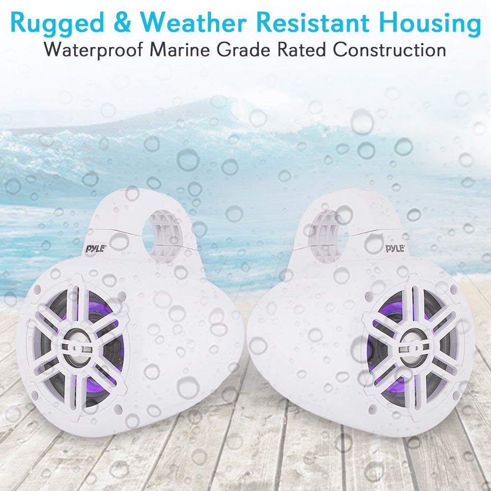 Pyle Waterproof Marine Wakeboard Tower Speakers - 4In Dual Subwoofer Speaker Set W/Led Lights & Bluetooth For Wireless Music Str