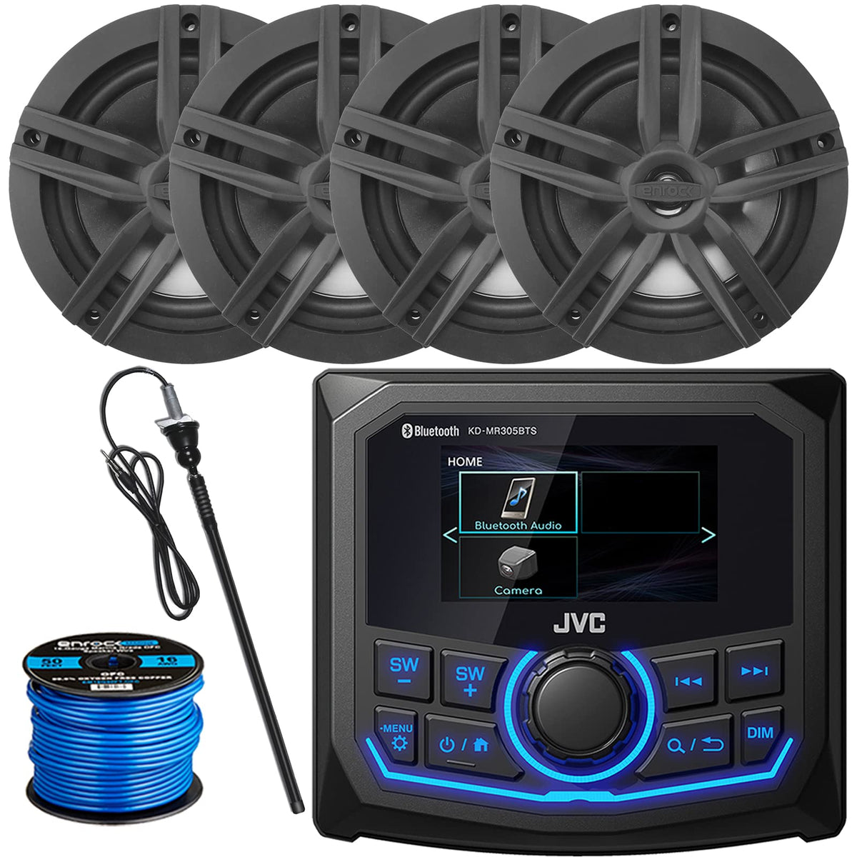 Jvc 2.7'' Lcd Display Marine Bluetooth Am/Fm/Wb Receiver, 4X Enrock 6.5'' 180 Watt Peak Power Boat Black Speakers, Long Range Bl