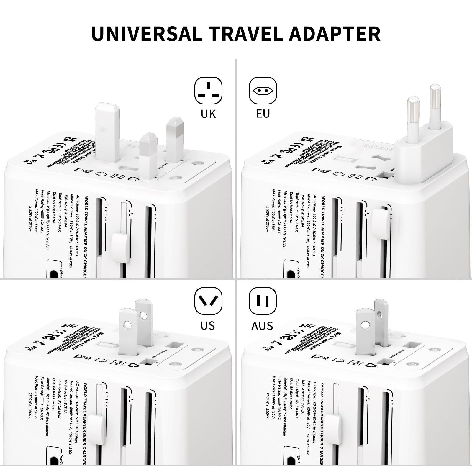 Universal Travel Adapter, Travel Charger 5.8A Smart Power Plug Adapter With 3 Usb Type C And 2 Usb A Power Adapters, For Usa, Eu