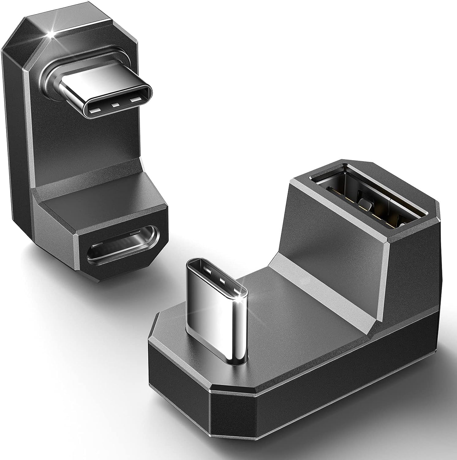 JSAUX 180 USB-C to USB Adapter 2 Pack, 180 Degree Angle USB-C Male to USB-C Female USB-C 3.1/PD 100W and Type-C Male to USB-A Fe