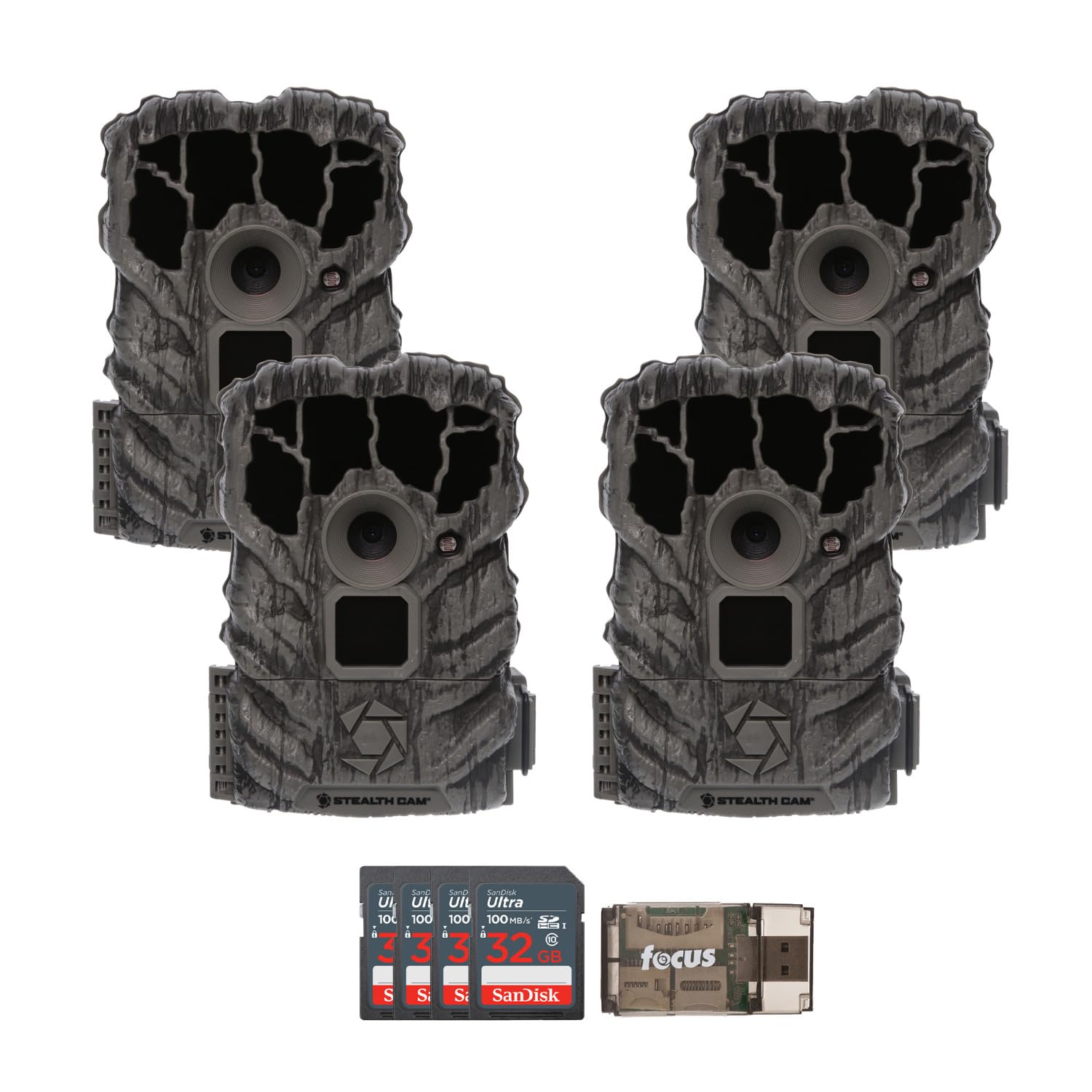 Stealth Cam Browtine 14MP Trail Camera (4-Pack) Bundle with 32GB Memory Card (4-Pack) and Card Reader (9 Items)