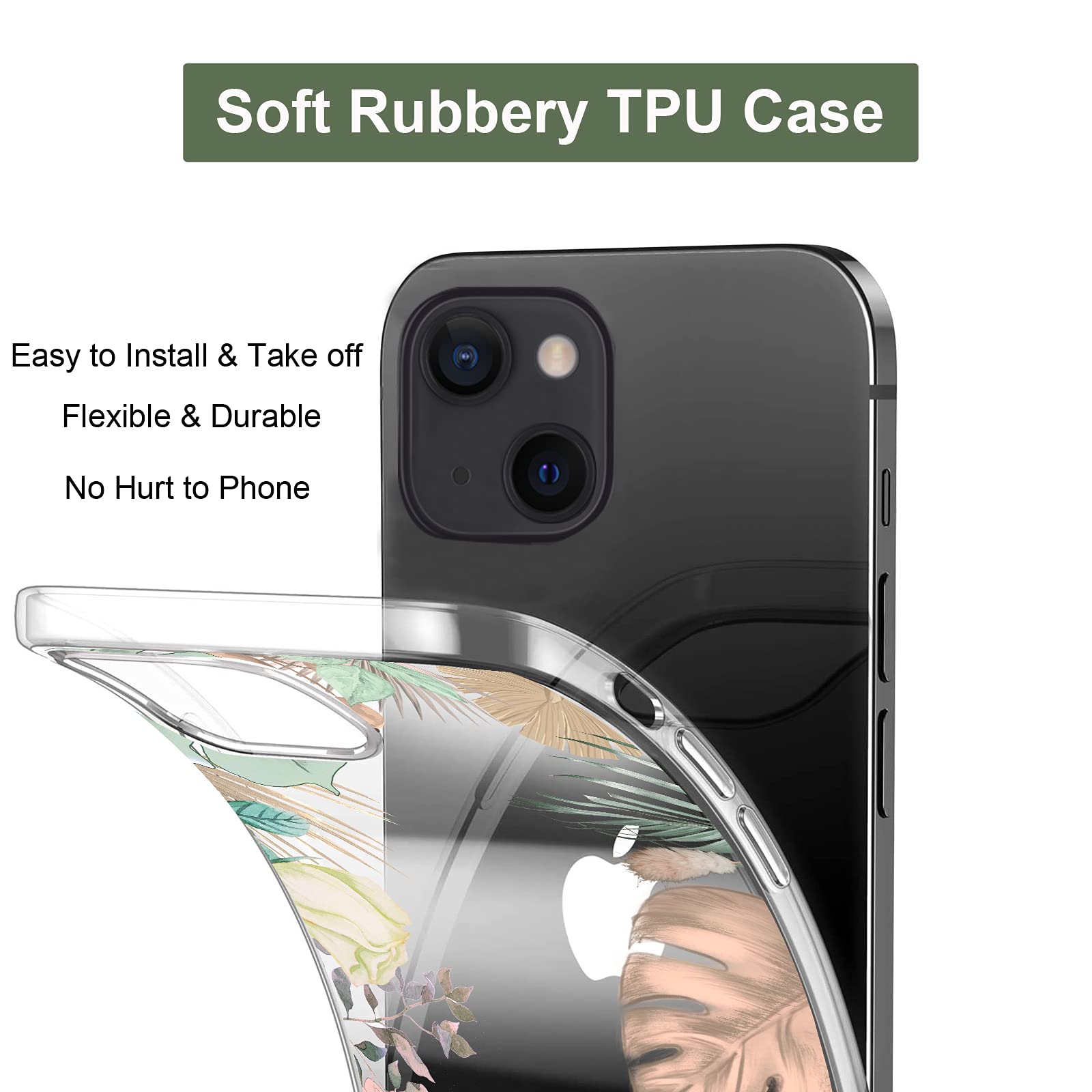 Unov iPhone 13 Phone Case Clear Embossed Tropical Flowers TPU Slim Protective 6.1 Inch