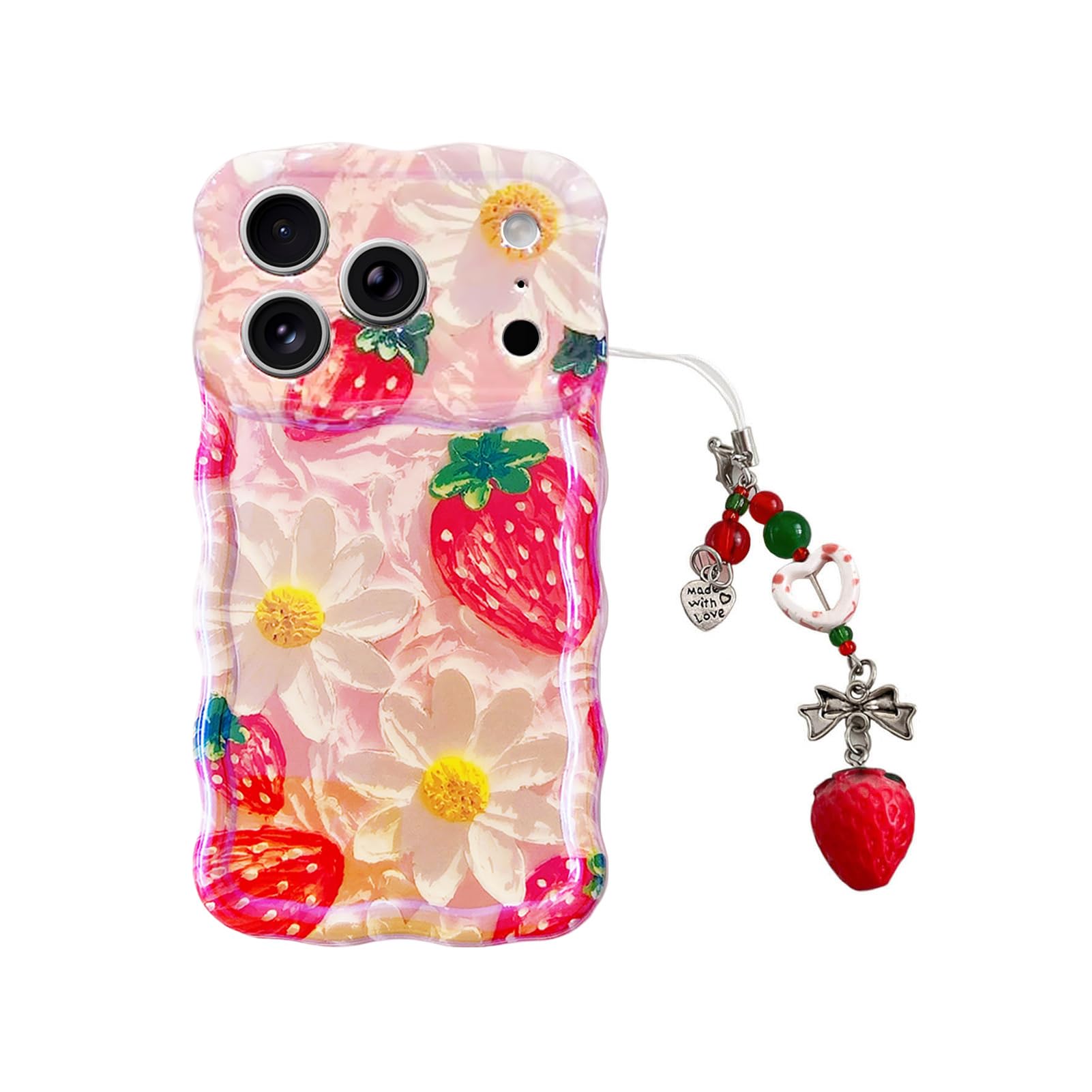 Red Strawberry Phone Case with Charm for iPhone 17 pro 6.3in,Retro Stylish Glossy Oil Painting Flower Laser Glossy ,Aesthetic Fr