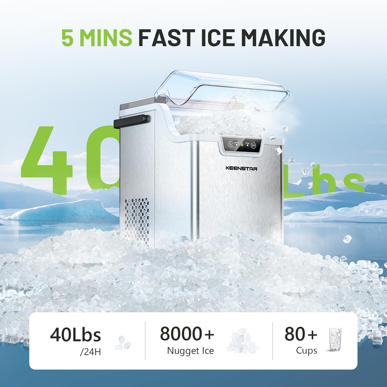 Nugget Countertop Ice Maker With Soft Chewable Ice 40Lbs, Pebble Sonic Ice Machine With Basket And Scoop, Ready In 5 Mins, 40Lbs