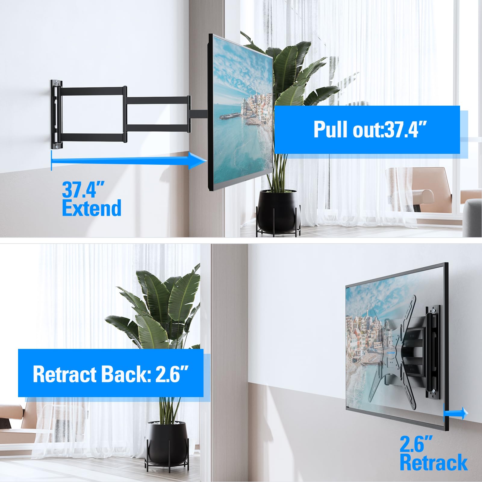 Mountup Long Arm Tv Wall Mount For Most 26 65 Inch Tvs, Corner Tv Mount With 37.4 Inch Extension Arm, Smooth Swivel Tilt Single