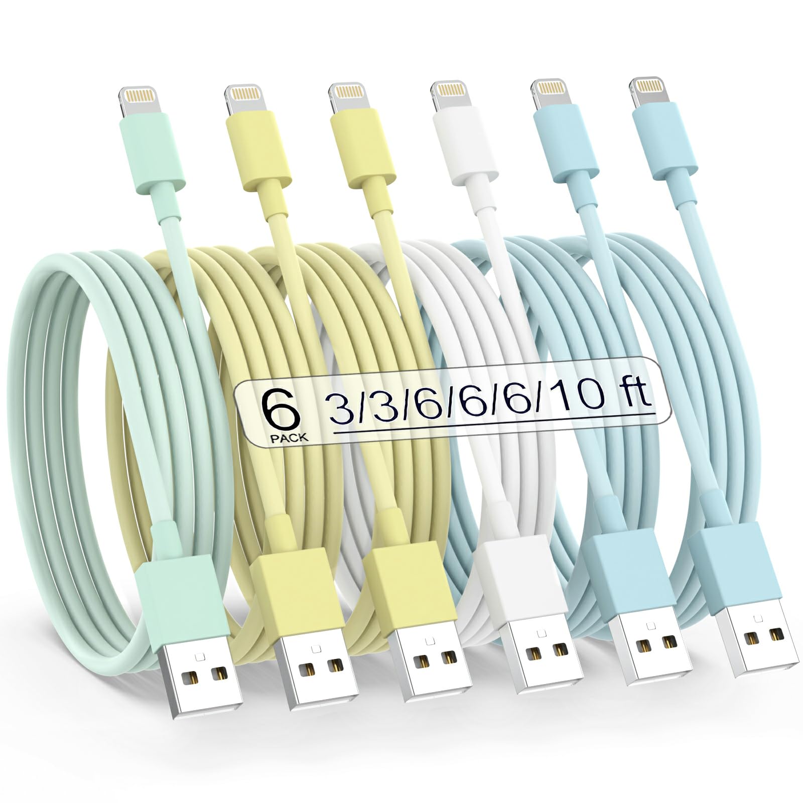 Iphone Charger 6Pack 3/3/6/6/6/10Ft [Apple Mfi Certified] Fast Charging Long Lightning Cable Iphone Charger Cord Compatible Ipho