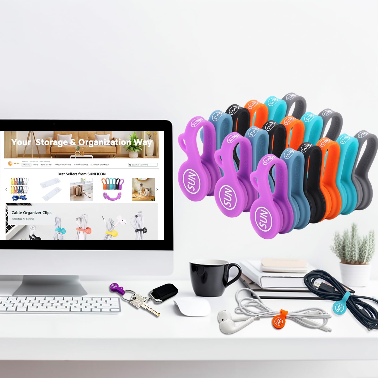 Sunficon 18 Pack Magnetic Cable Clips Cable Organizers Earbuds Cords Winder Bookmark Clips Whiteboard Noticeboard Fridge Magnets