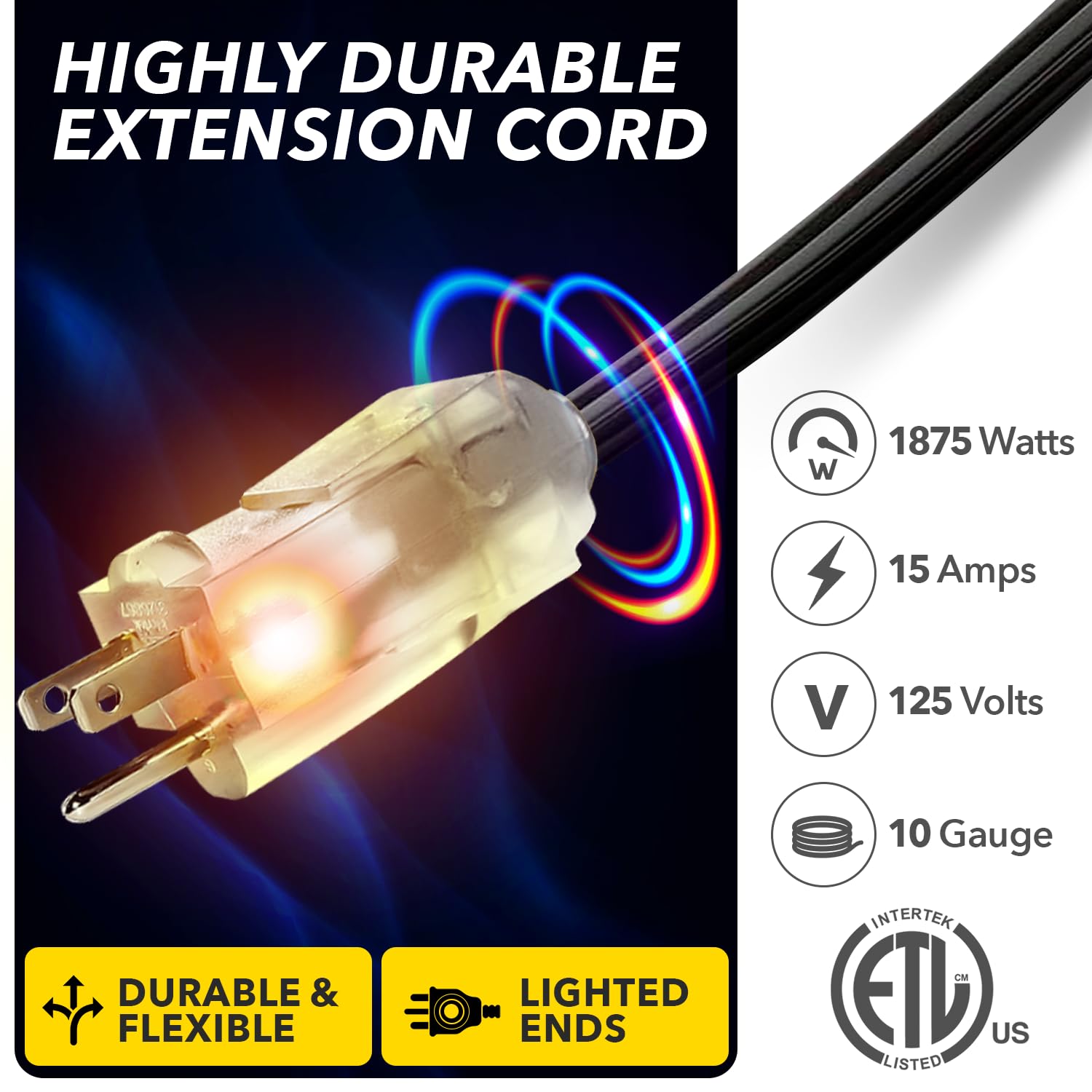 75 Ft Power Extension Cord, Indoor Outdoor, Heavy Duty, 3 Prong Sjtw, 10 Gauge,Lighted End, Extra Durability, 15 Amp 125 Volts 1