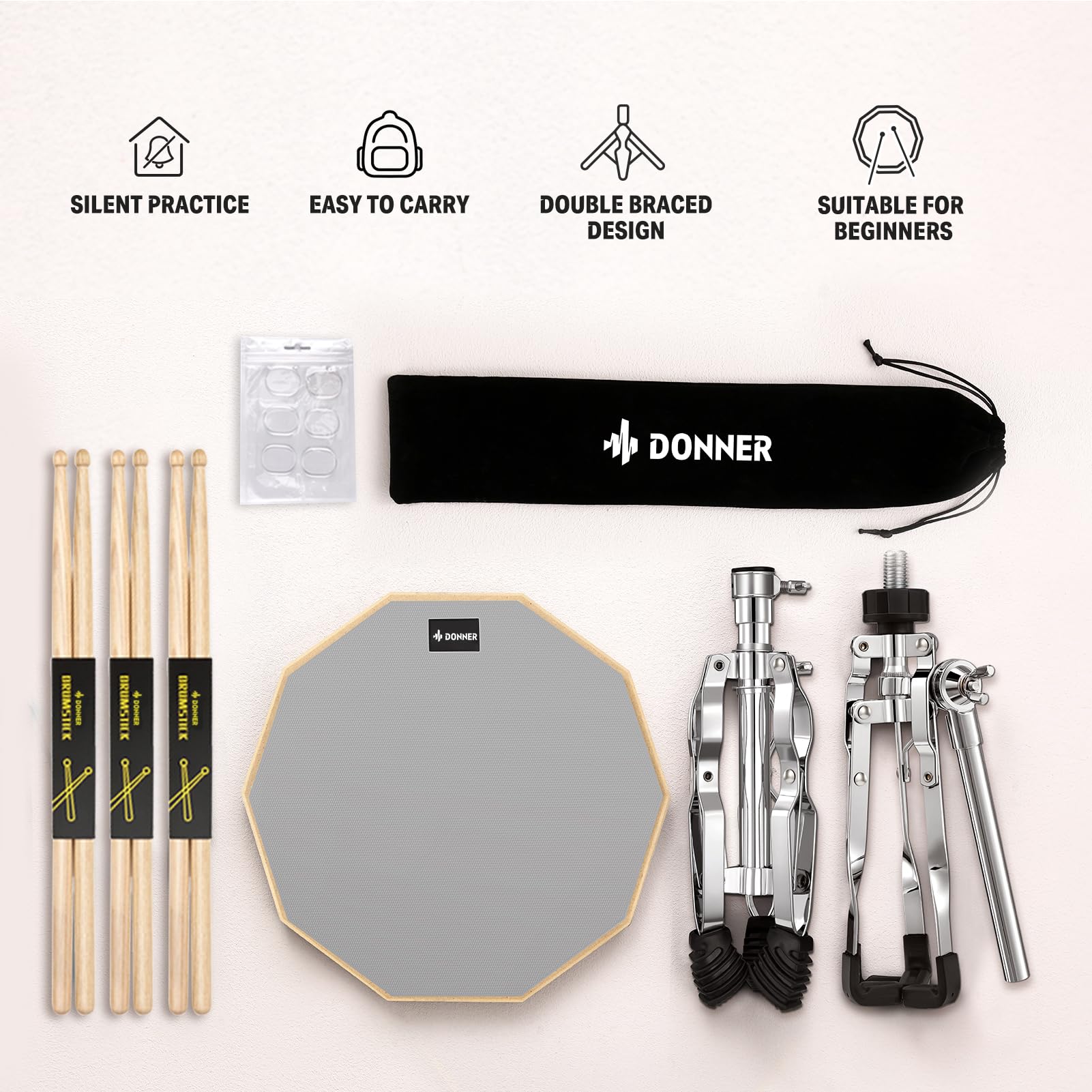 Donner Snare Drum Stand Set With Drum Practice Pad, 12 Double Sided Silent Drum Pad Set, Drumsticks, Backpack Adjustable Stand F