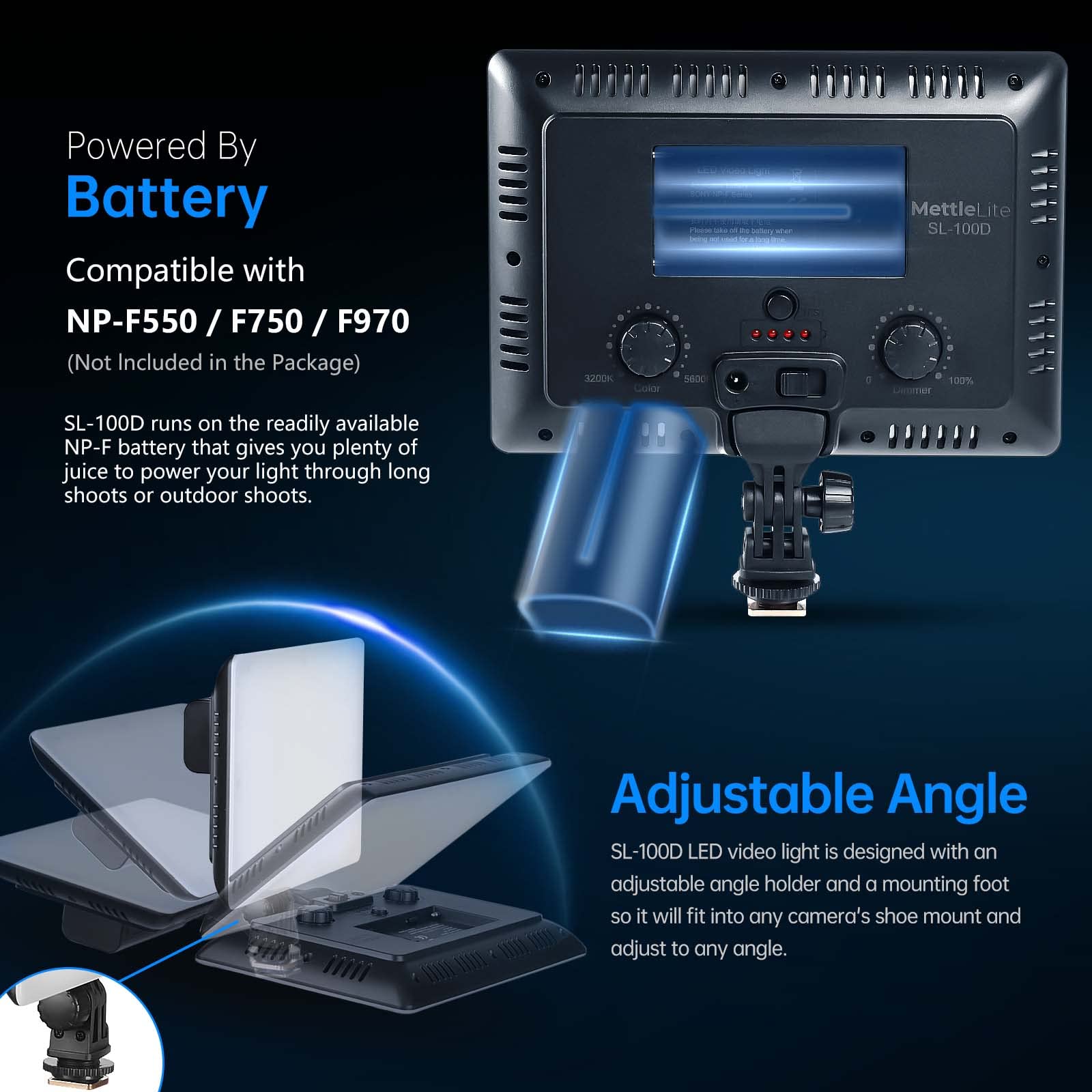 Mettlelite Sl100D Led Video Light Bi Color On Camera Continuous Dimmable Photography Lighting Portable Studio Led Panel 3200K 56