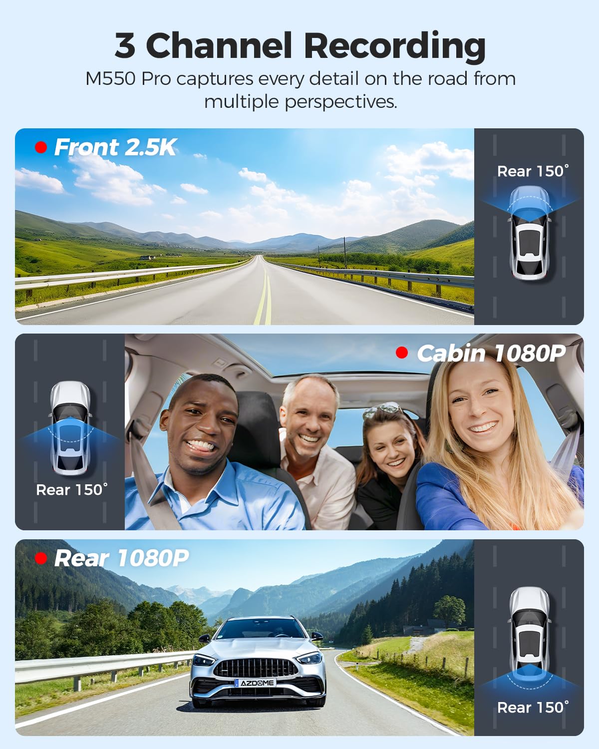 AZDOME M550 Pro 5G WiFi Dash Cam, 4K Dual Front & Rear, Built-in GPS, 64GB Card, 3.19 IPS Screen, IR Night