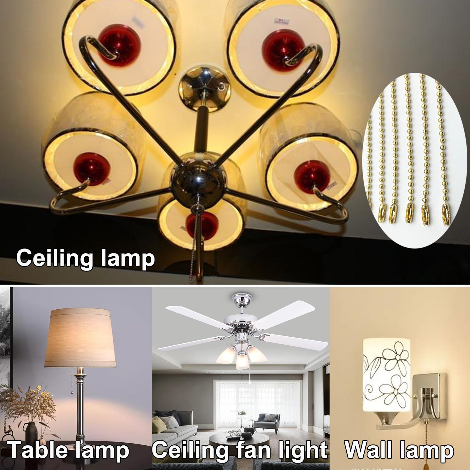 4 Pack Ceiling Fan Pull Chain Extender,Each Chain Length 39 Inch(1 Meter) With 16 Connectors,Standard 3 Mm Diameter Beaded Ball,