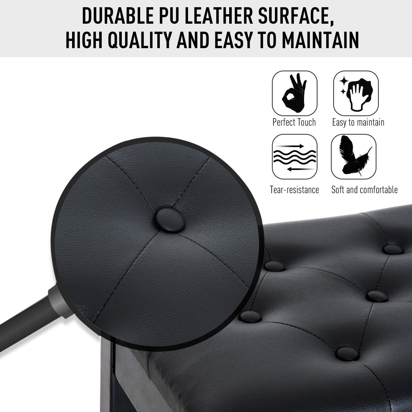 Homcom Piano Bench, Duet Piano Chair With Faux Leather Padded Cushion And Wooden Frame, Button Tufted Keyboard Bench, Black