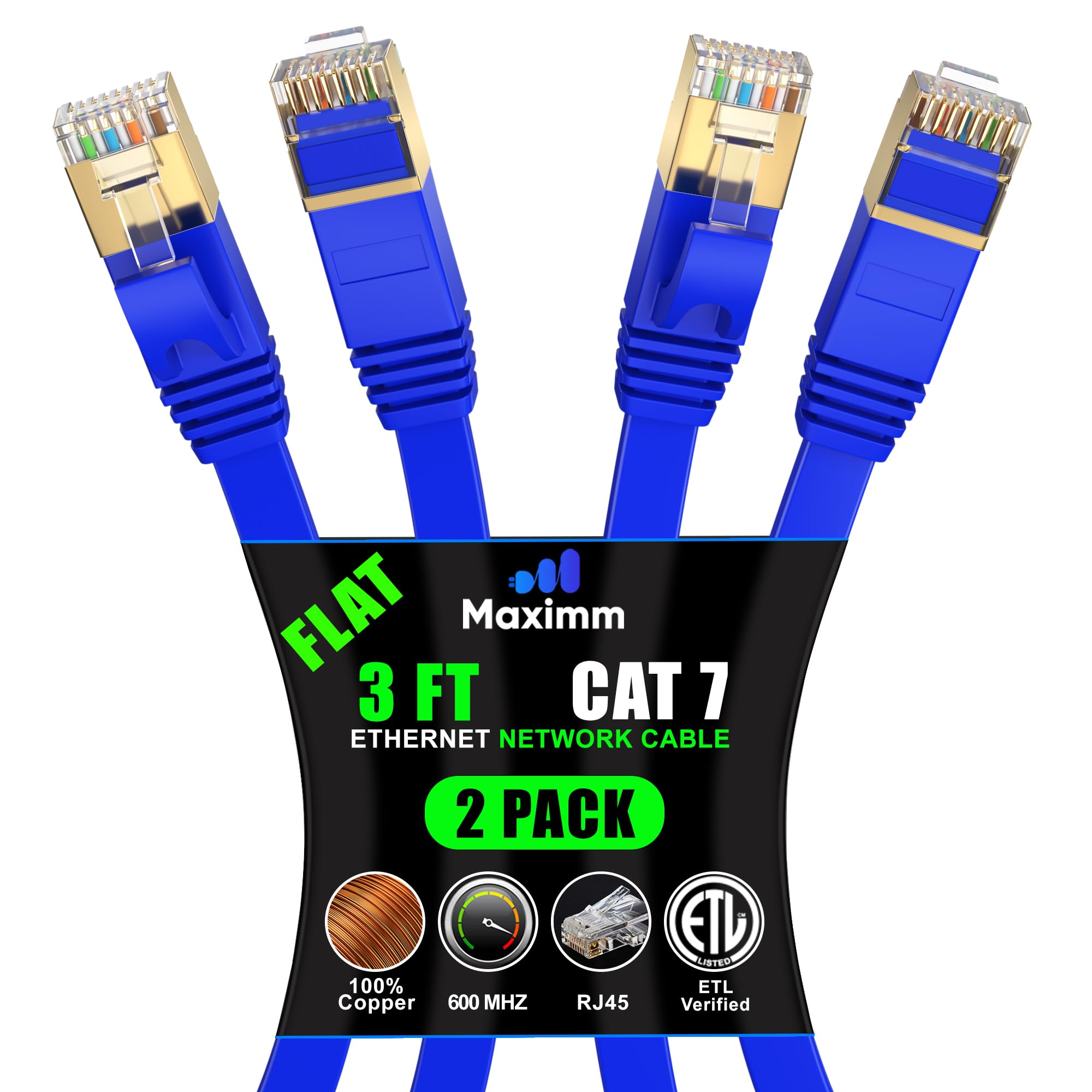 Maximm Cable Cat7 Flat Ethernet Cable, 2 Pack (Blue, 3Ft) 10 Gbps, 600 Mhz, Shielded Rj45 Gold Connectors Ultra Thin Flexible Design For Home & Office Networking