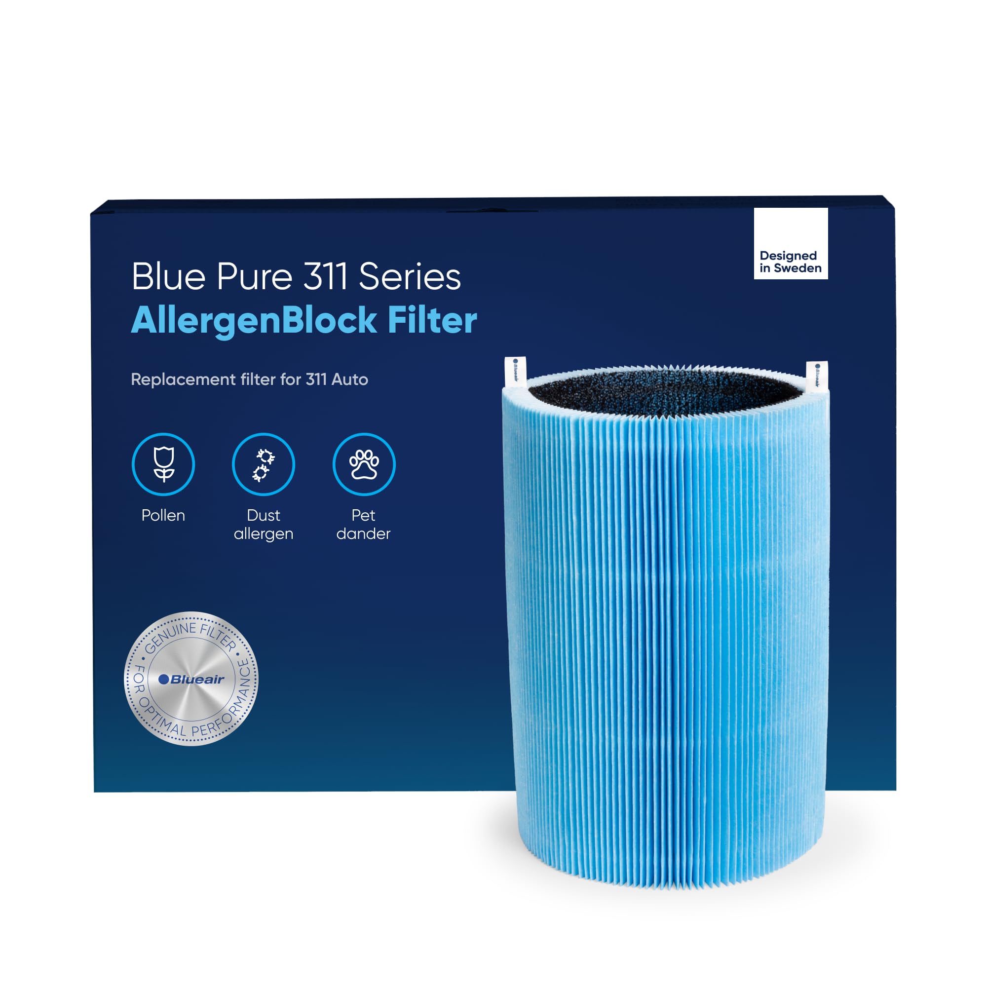 Blueair Blue Pure 311 Auto Series Allergenblock Filter, Genuine Replacement Blueair Filter, Allergies Pollen Dust Pet Dander, Bl