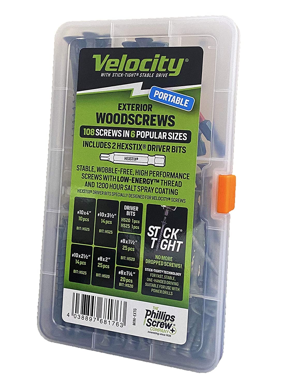 Velocity Portable Exterior Wood Screw Assortment Kit   108 Assorted Wood Screws In 6 Sizes Made With Carbon Steel, Includes 2 He