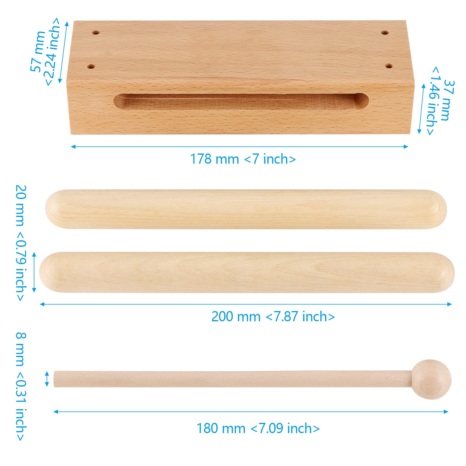 Sehoi 2 Pack 7 Inches Wood Rhythm Block, Musical Wood Block Percussion Instrument With Mallet, Solid Hardwood Percussion Rhythm