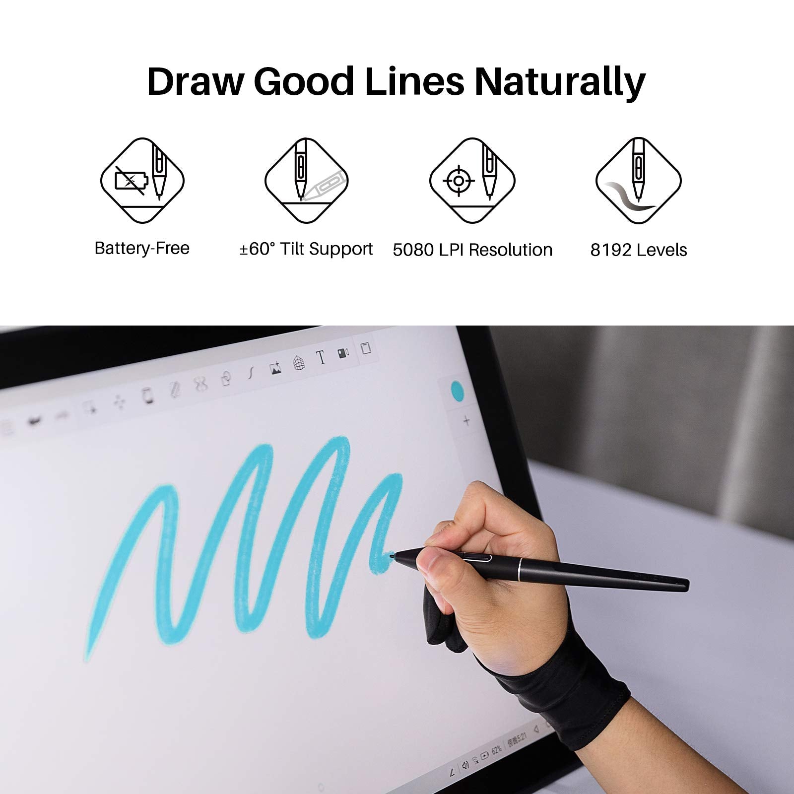 Huion Battery-Free Stylus Digital Pen Pw517 For Kamvas 13, Kamvas Pro 24 (4K), Kamvas 22 Plus, Kamvas Pro 13 (2.5K), Kamvas Pro