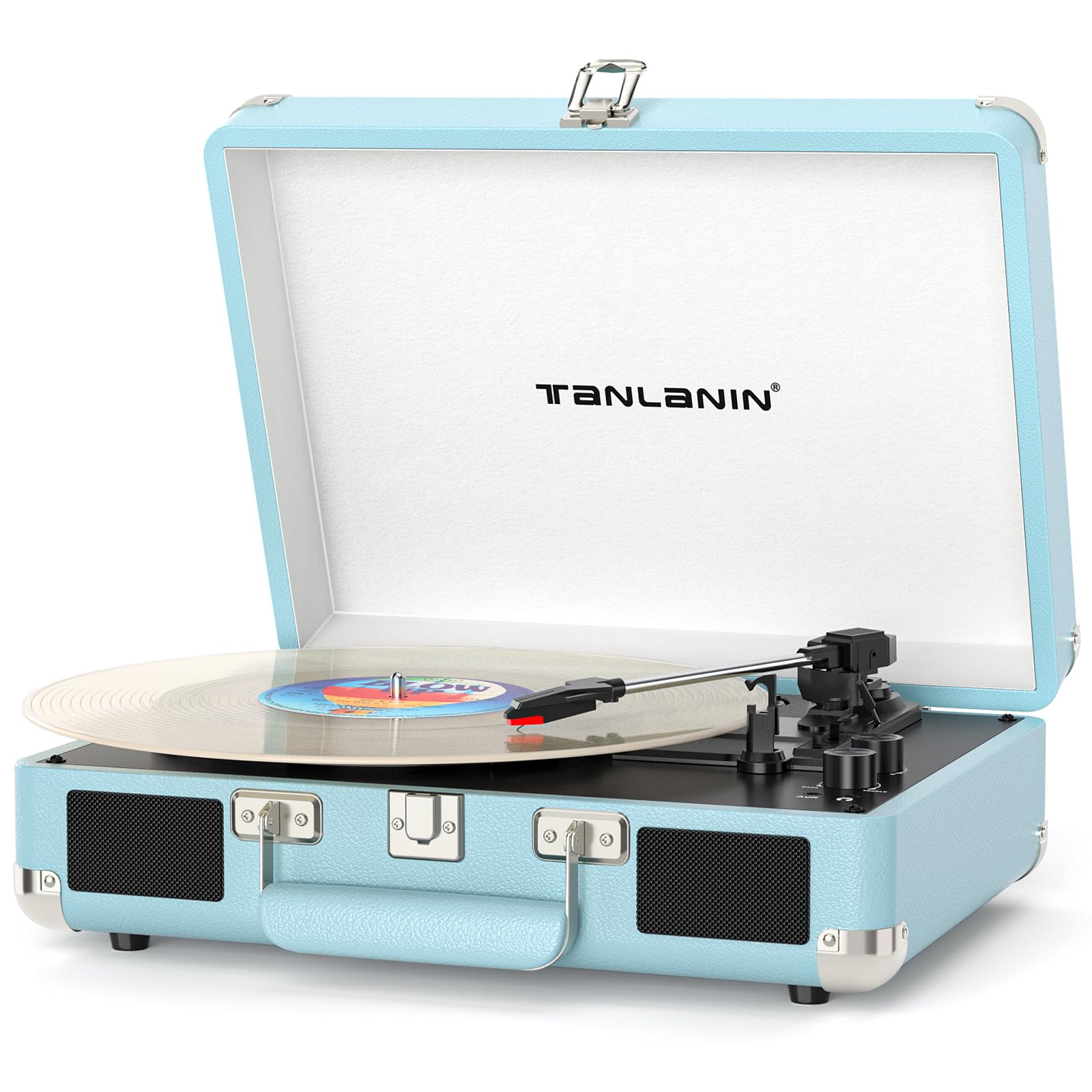 Bluetooth Suitcase Record Player with Built-in Speakers, Bass & Treble Control, 3-Speed Belt-Drive Turntable with Auto-Stop, RCA