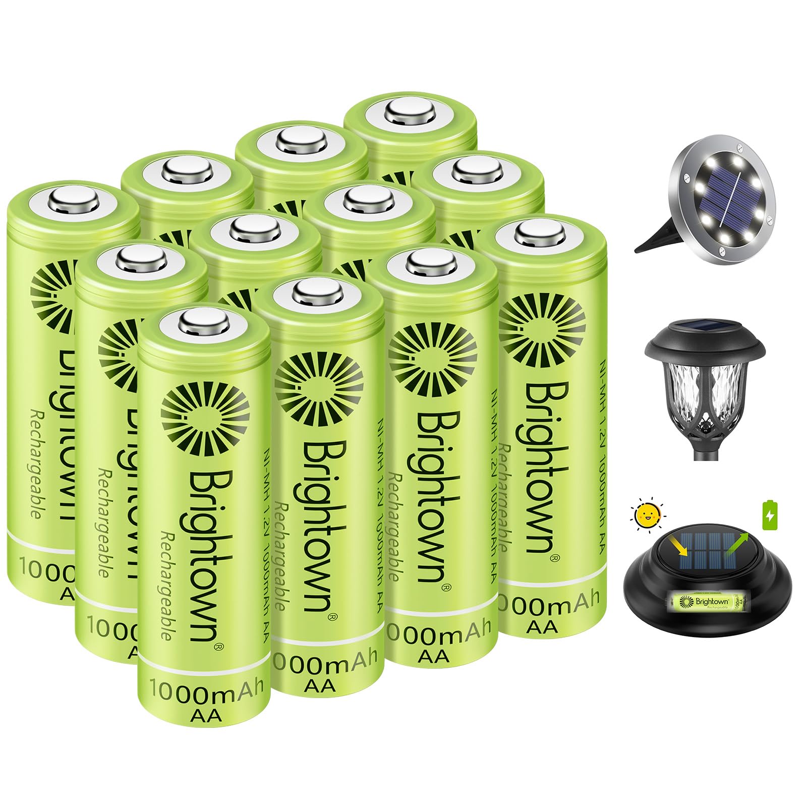 Brightown 12 Pack Rechargeable Aa Batteries   1000Mah 1.2V Nimh High Capacity Batteries   Ideal For Solar Lights & Home Devices, Recharge Up To 1000X Times, Pre Charged