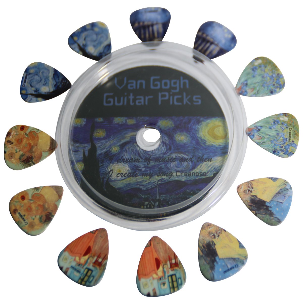 Creanoso Vincent Van Gogh Guitar Picks   Celluloid Medium 12 Pack   Starry Night Sunflowers Cafe   Best Stocking Stuffer Gifts F