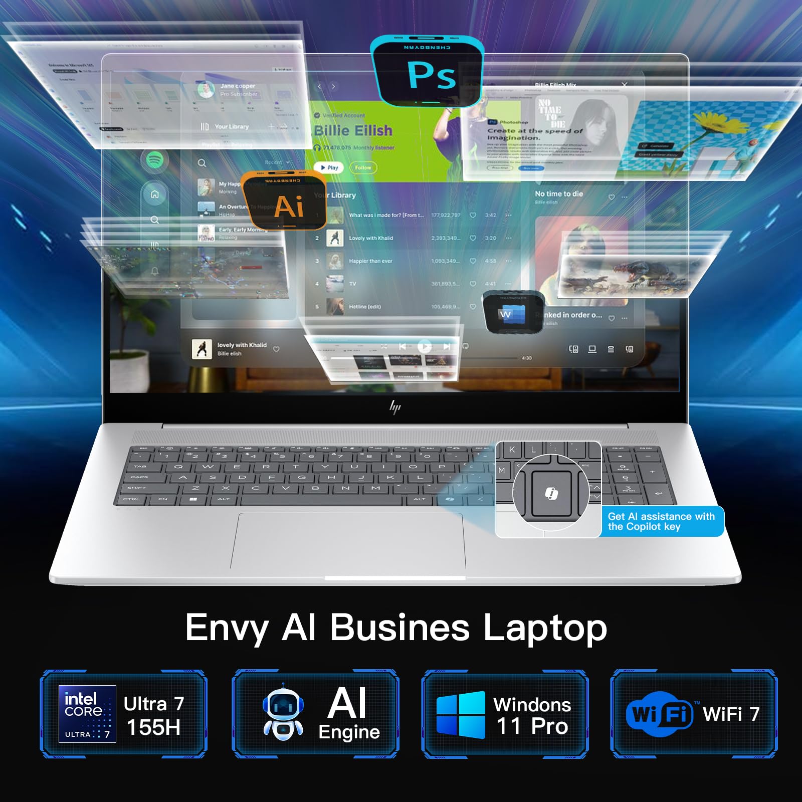 Hp Envy Ai Busines Laptop - 17.3'' Fhd Touchscreen, Intel Ultra 7 155H - Numeric Keypad, Wifi 7, Win 11 Pro W/Cd/Dvd Drive(64Gb