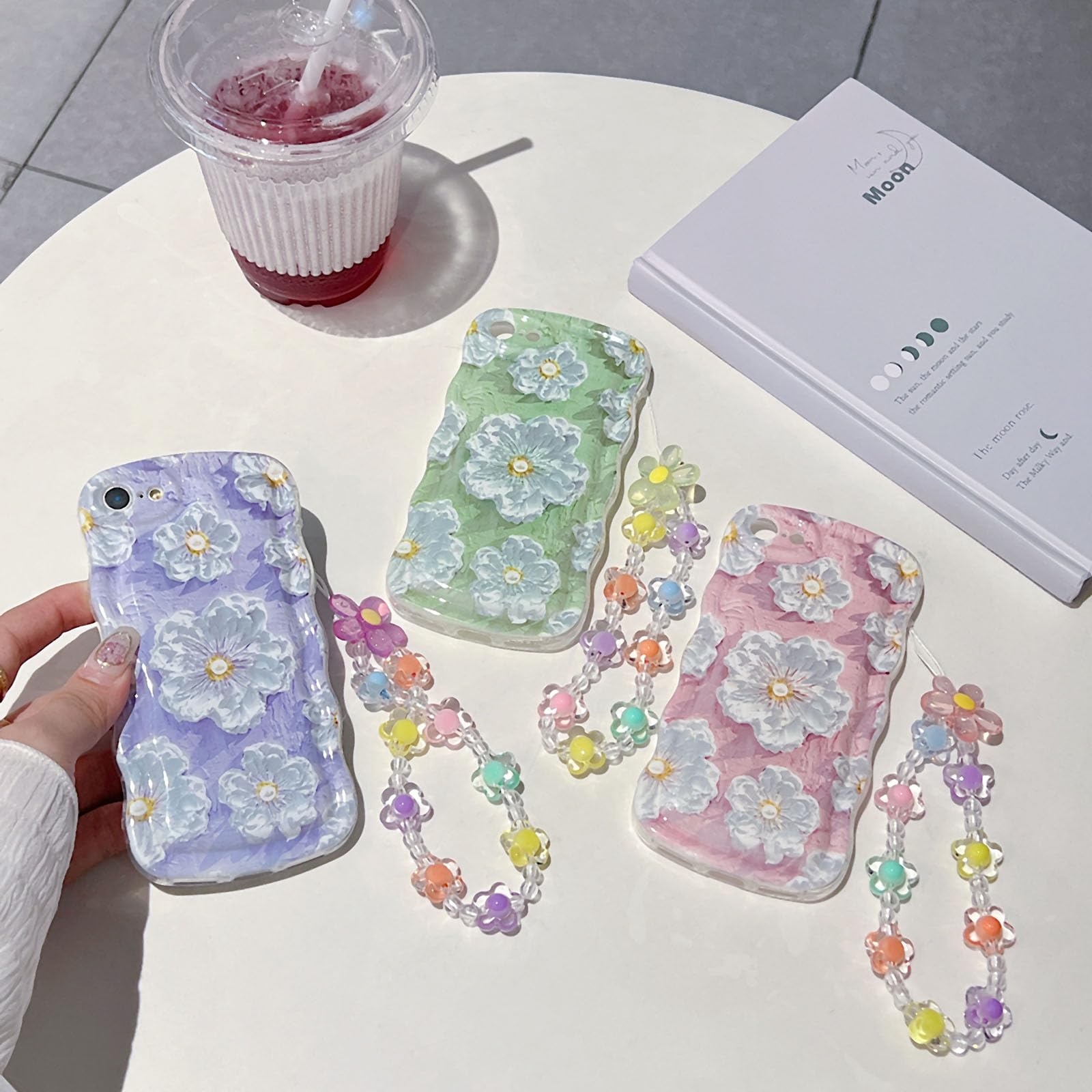 For Iphone 6S Plus Iphone 6 Plus Curly Wavy Case, Cute Colorful Retro Oil Painting Flower Glossy Pattern [With Bead Chain], Slim