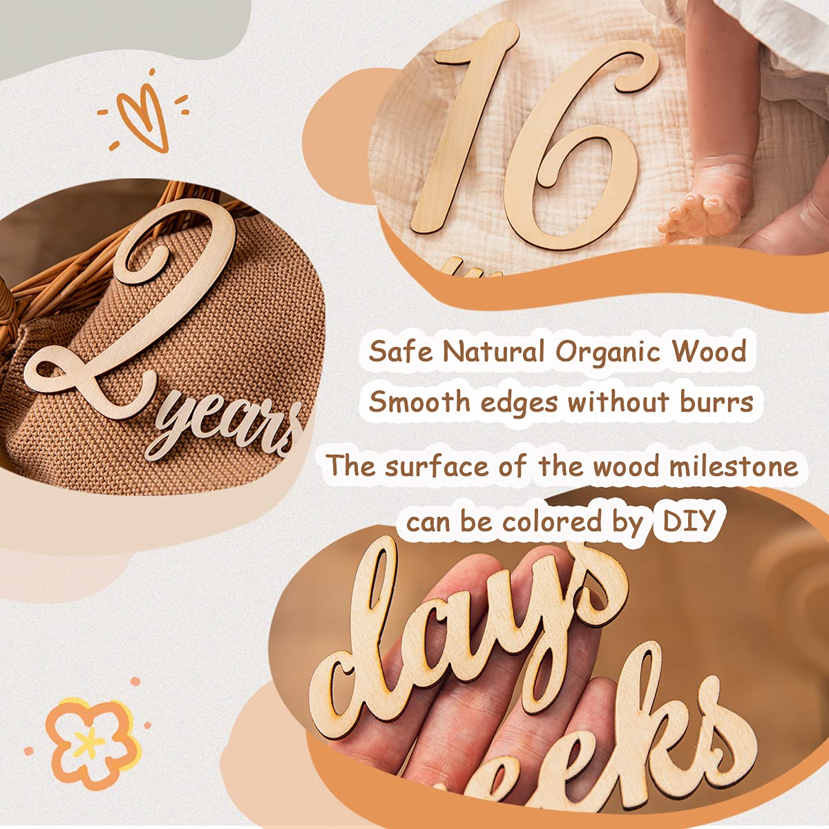 Promise Babe 19Pcs Baby Milestone Numbers Wooden Milestones Newborn Photography Prop Wooden Milestone Monthly Card