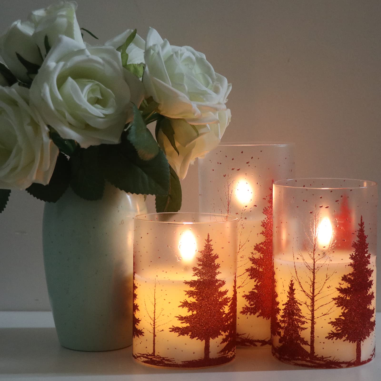 Wondise Glass Flameless Candles With Remote And Timer, Battery Operated Pine Tree Decals Pillar Candles For Home Decoration, Set