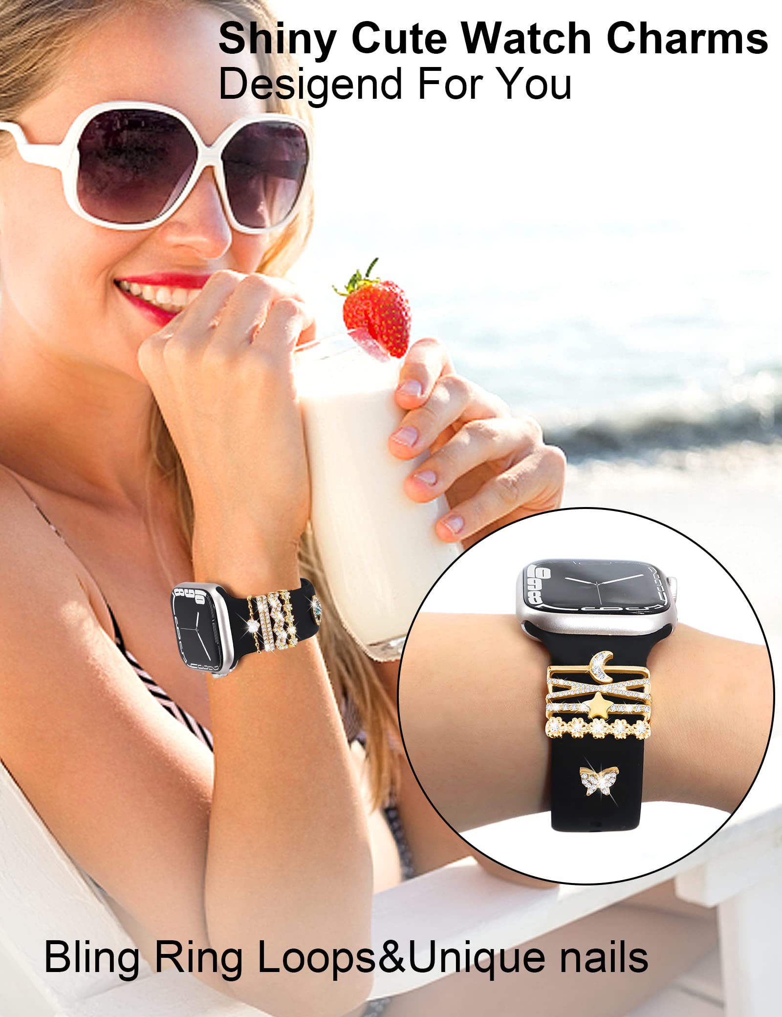 Jr.Dm 11 Pcs Super Bling Watch Charms With 9 Pcs Decorative Rings Loops 2 Pcs Decoration, Compatible With Apple Watch Band Metal