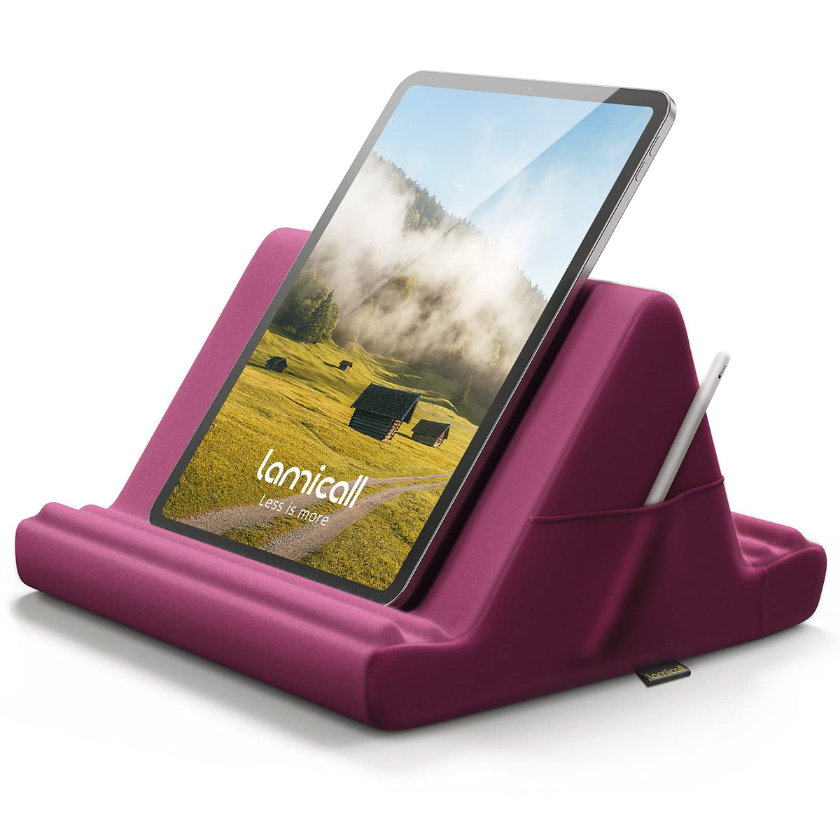 Lamicall Tablet Pillow Stand, Tablet Holder for Bed   Pillow Soft Pad Holder for Lap with Pocket & 4 Viewing Angles, for iPad Pro 12.9, 11, Air, Mini, Kindle, 4 13' Phone and Tablet, Purplish Red