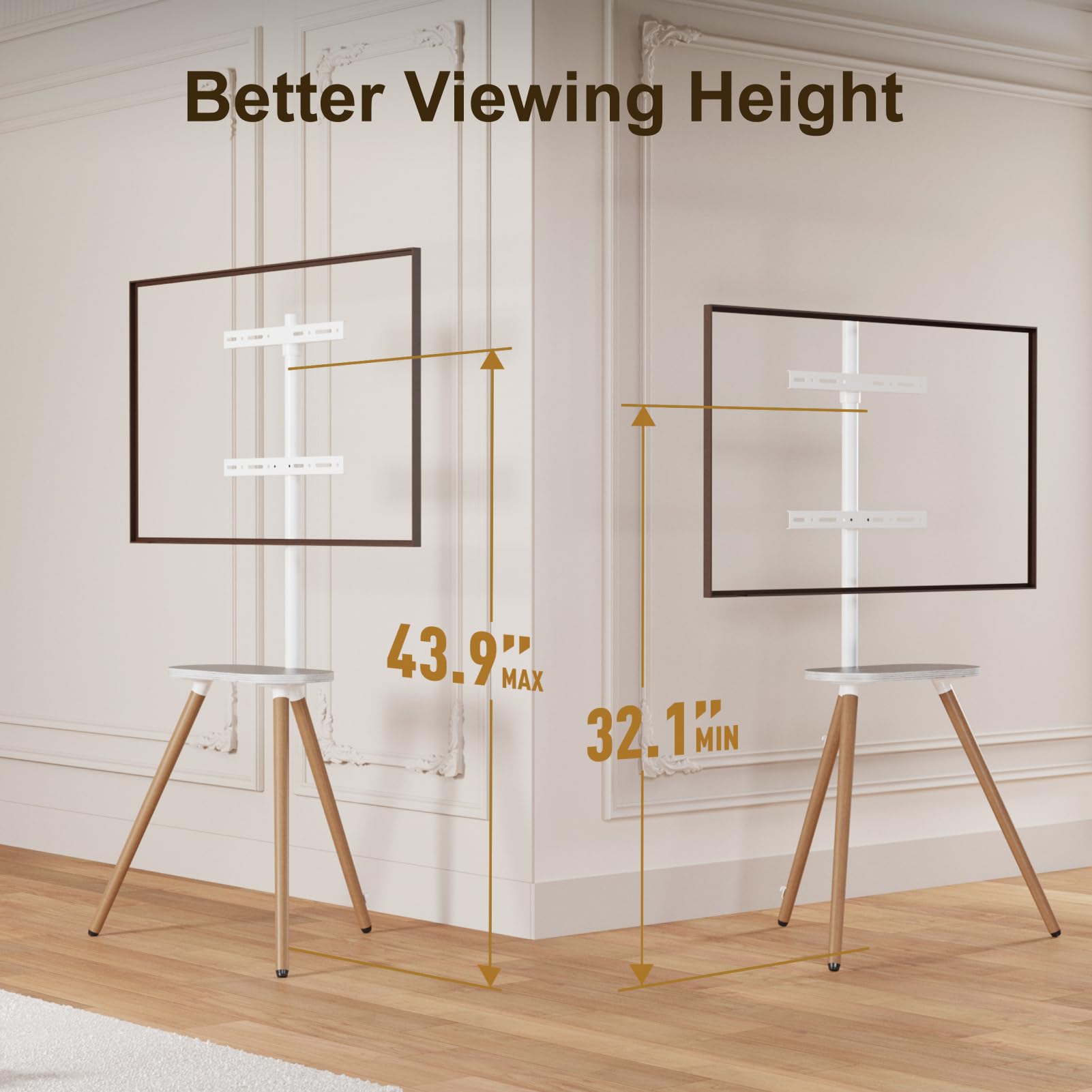 ECOTINY Tripod Easel TV Stand for 43-65" TVs, Height-Adjustable, White, Model HW1074WH, VESA 400x400, Minimalist Design