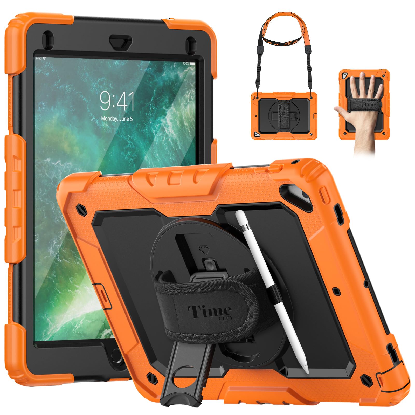 Timecity Case For Ipad 6Th/5Th Generation, For Ipad 9.7 Inch Case With Screen Protector Rotating Stand/Hand Strap Full Body Sili