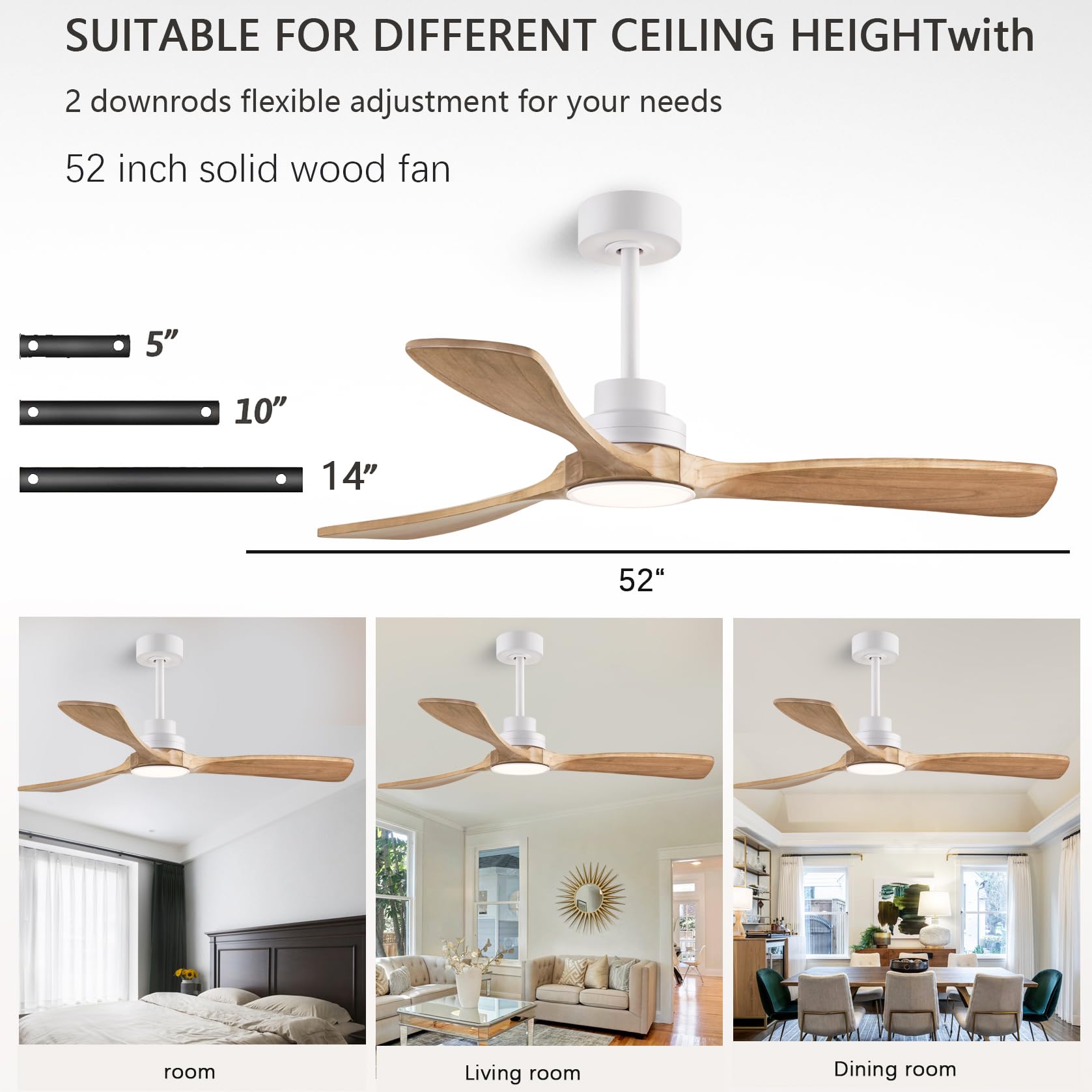 Dearnow 52'' Wood Ceiling Fans With Light With Remote Control Ceiling Fan With 3 Wood Blades, Solid Wood Ceiling Fan Indoor Outd