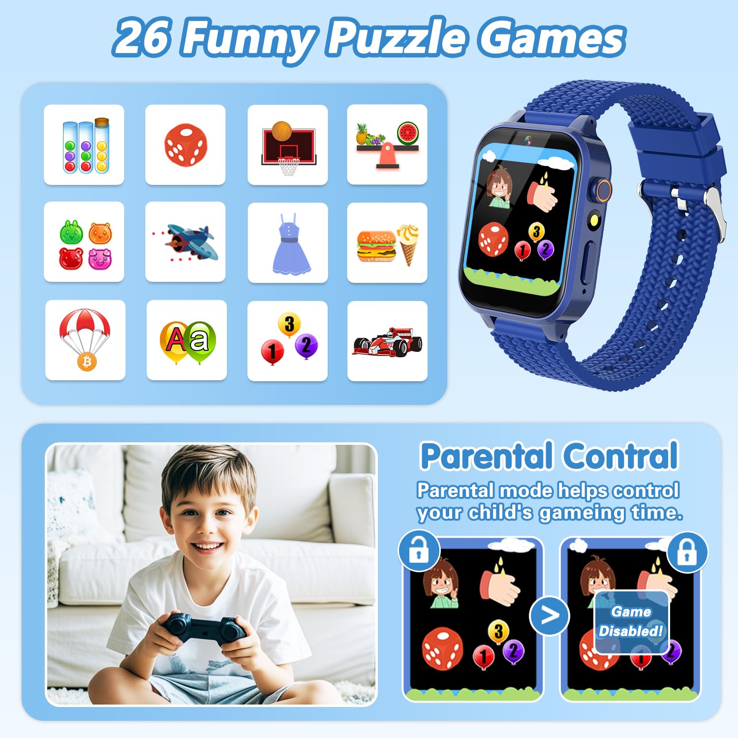 Smart Watch For Kids Boy Gift Ages 3-12, 2 Screen Protector, 26 Puzzle Games, Hd Camera Video Music Player Touchscreen Pedometer