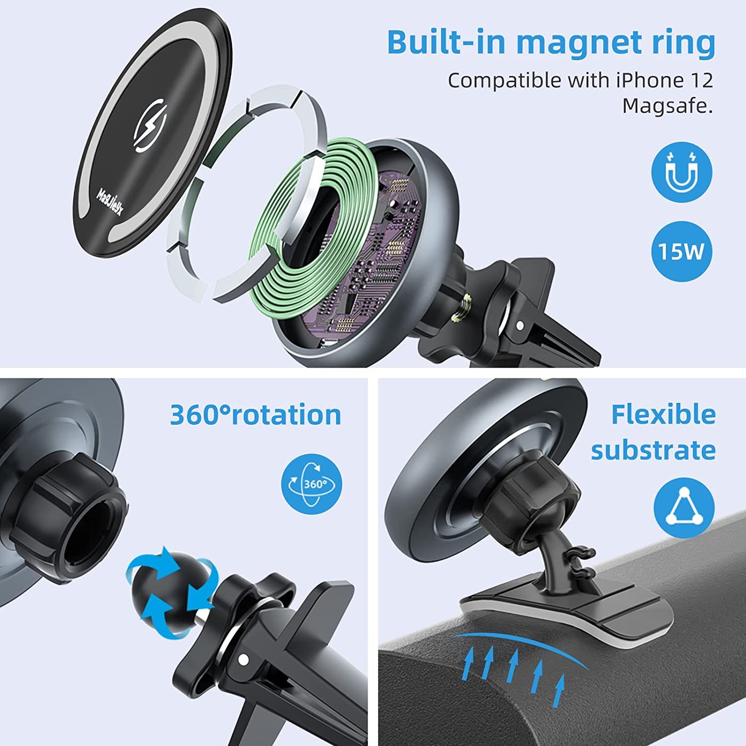 Magnetic Wireless Car Charger For Magsafe Mount For Iphone 14,13, 12, Pro Max, Mini Series All Phones,Airpods3,Qi 15W Fast Charg