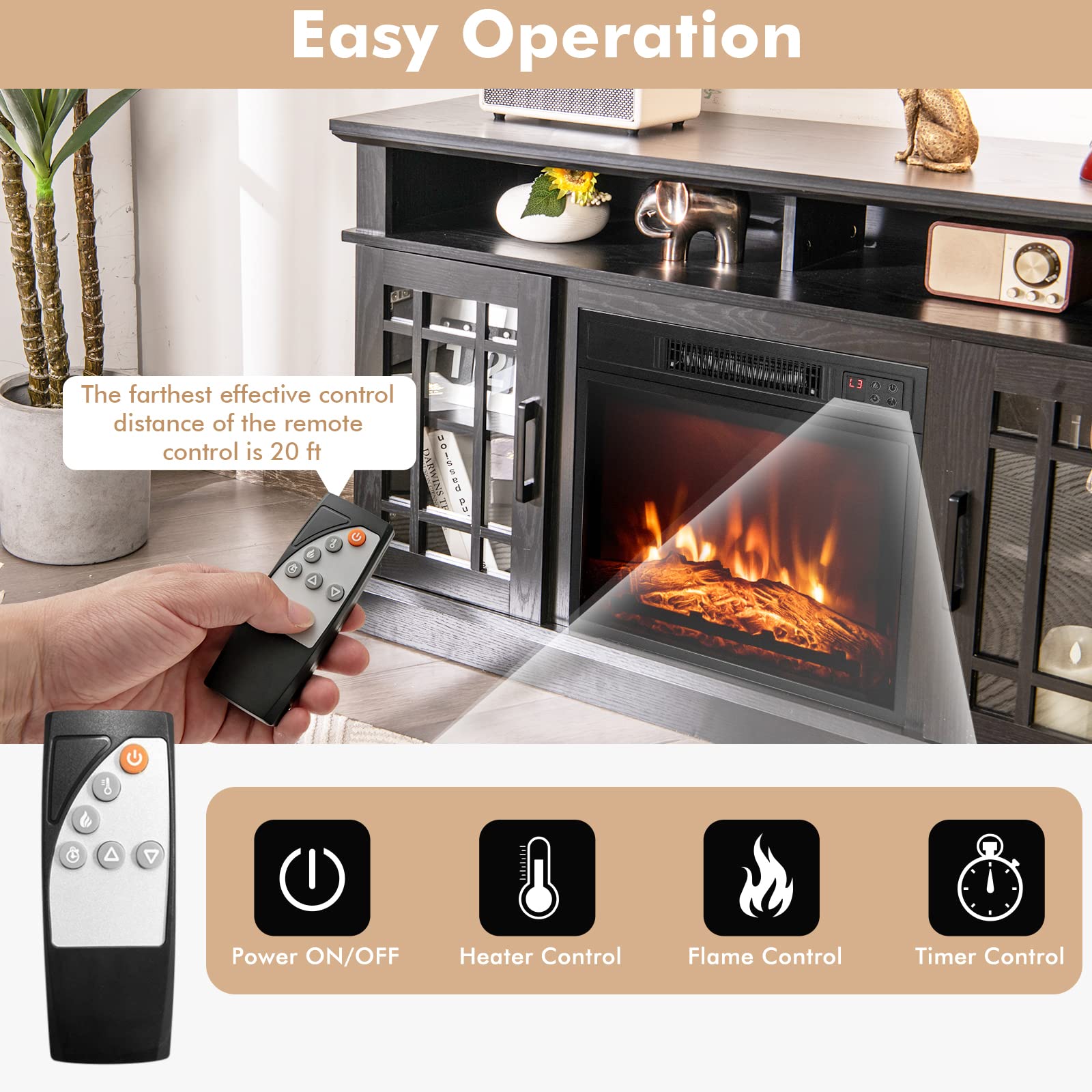 Tangkula Fireplace Tv Stand For Tvs Up To 55 Inch, With 18 Inches 4777 Btu Fireplace Insert, 3 Level Brightness, Overheat Protec