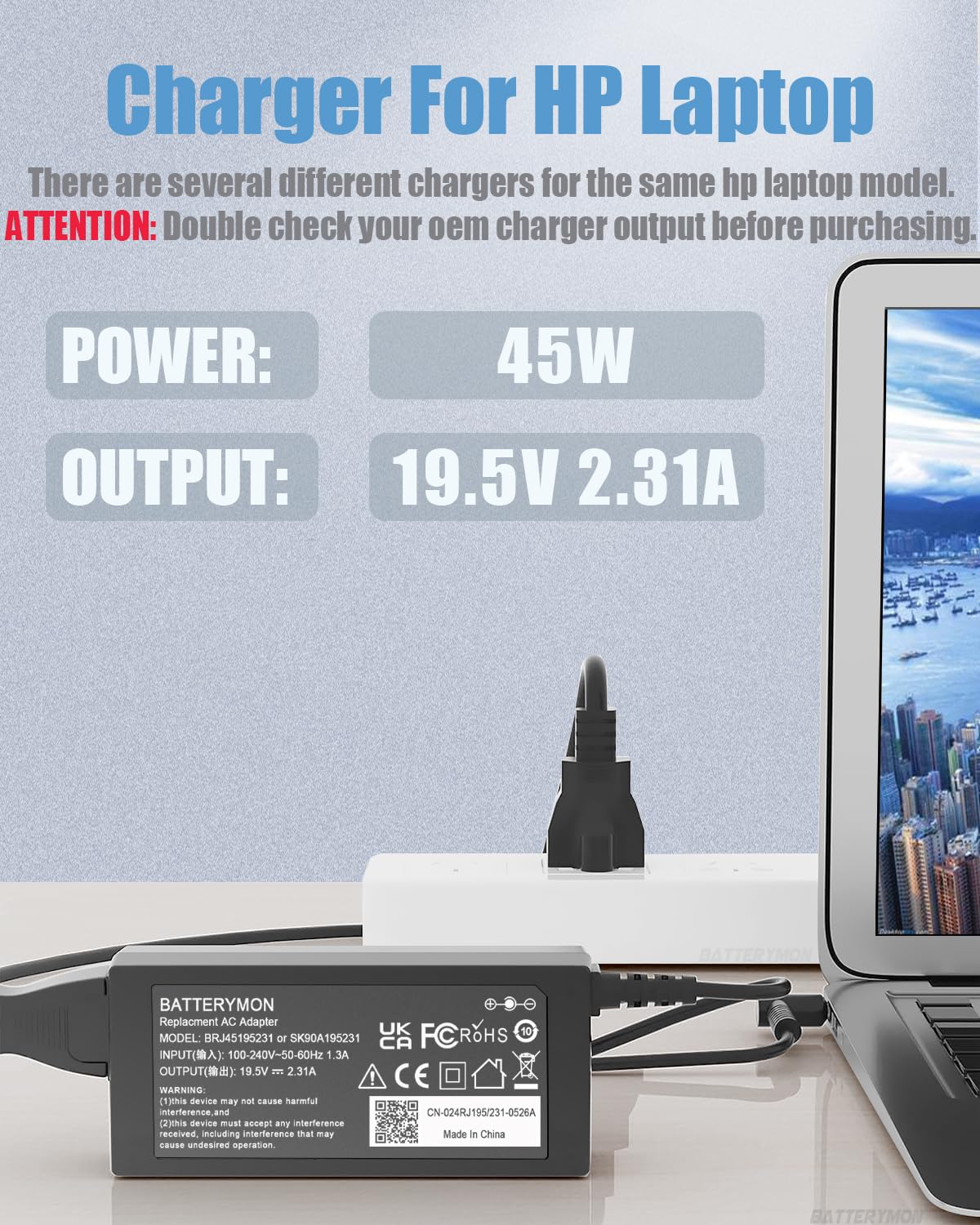 45W 19.5V 2.31A Laptop Power Adapter Charger For Hp 741727 001 721092 001 719309 001 Hstnn Da40 Adp 45Wd B, Pavilion Touchsmart 11 13 15 Stream 14 13 11 Notebook Charging Cord With Blue Tip, 45W Max