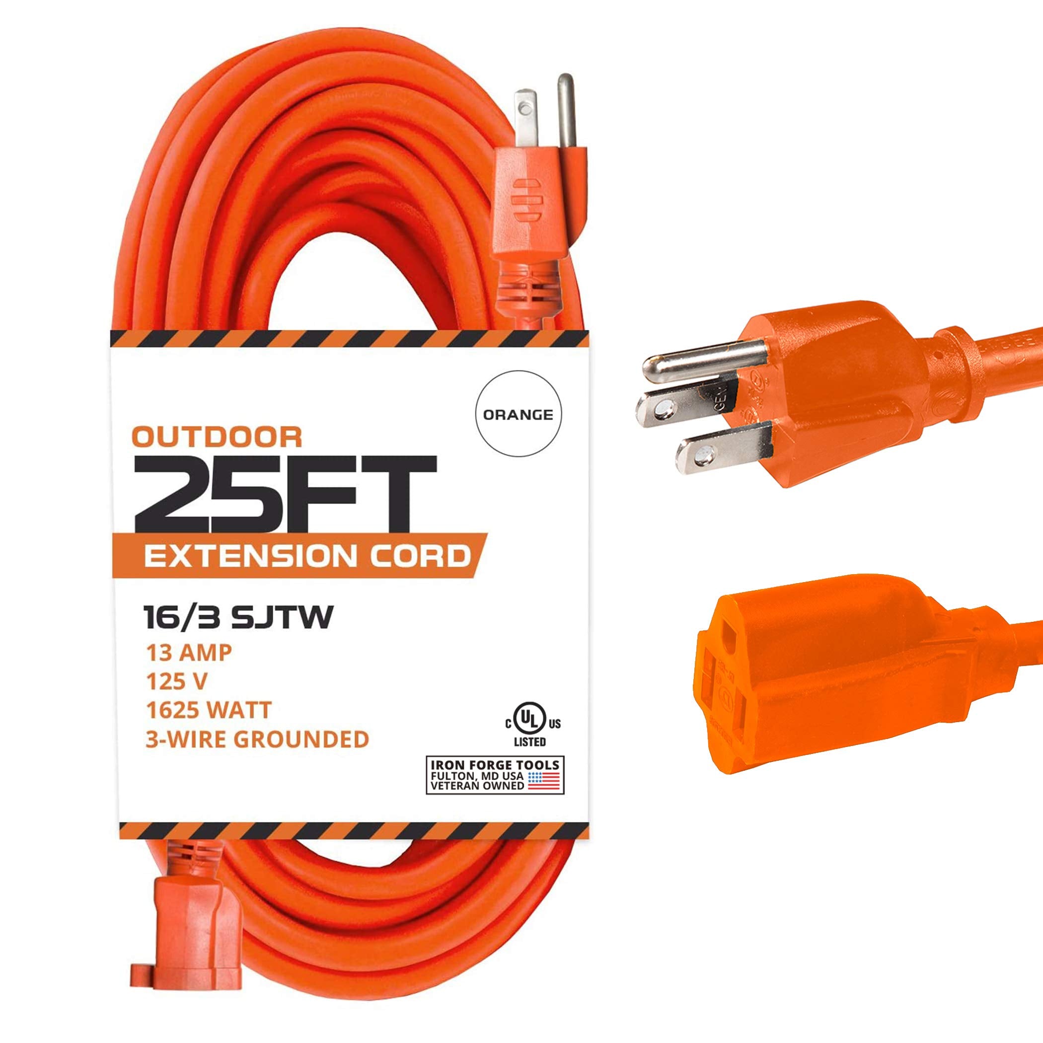Iron Forge Cable Weatherproof 25 Ft Outdoor Extension Cord - 16/3 SJTW 13 Amp Heavy Duty Highly Visible Orange Extension Cord 3 