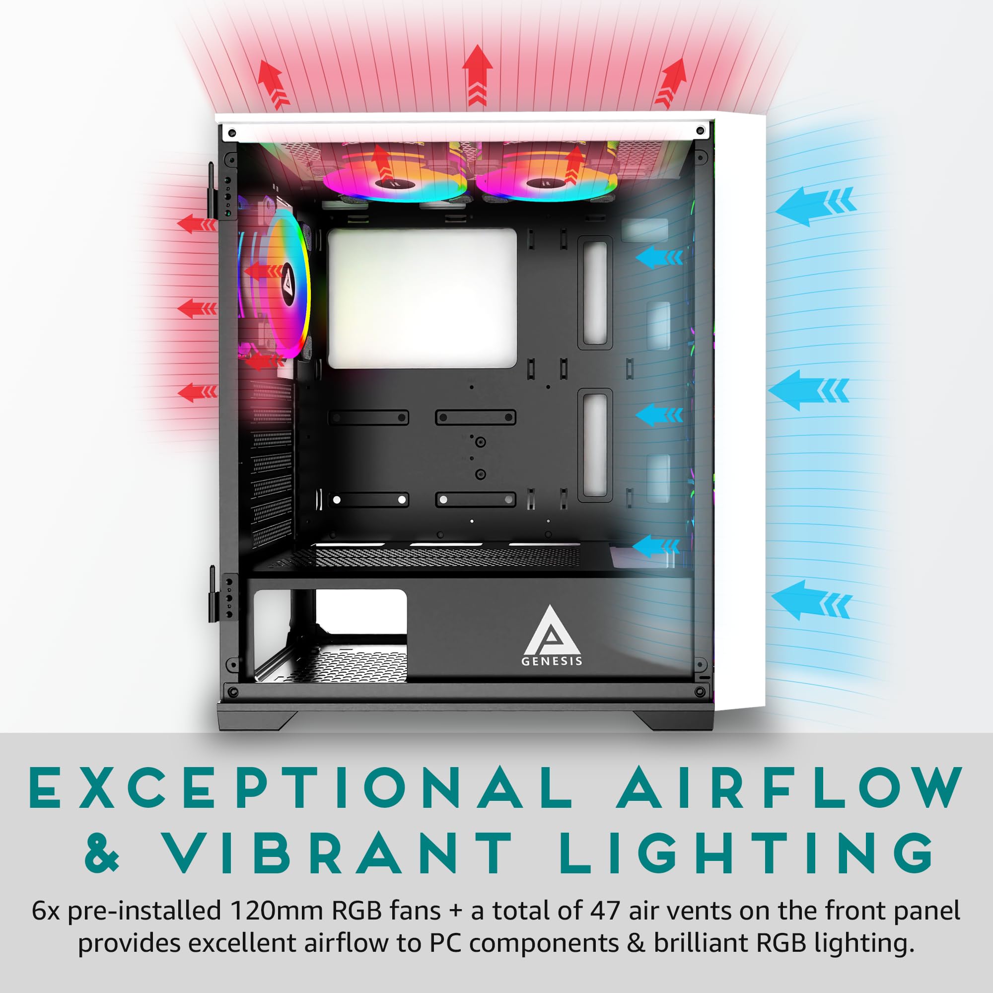 Apevia G Pro Wh Genesis Pro Mid Tower Gaming Case With 2 X Tempered Glass Panel, Top Usb3.0/Usb2.0/Audio Ports, 6 X Rgb Fans, Wh
