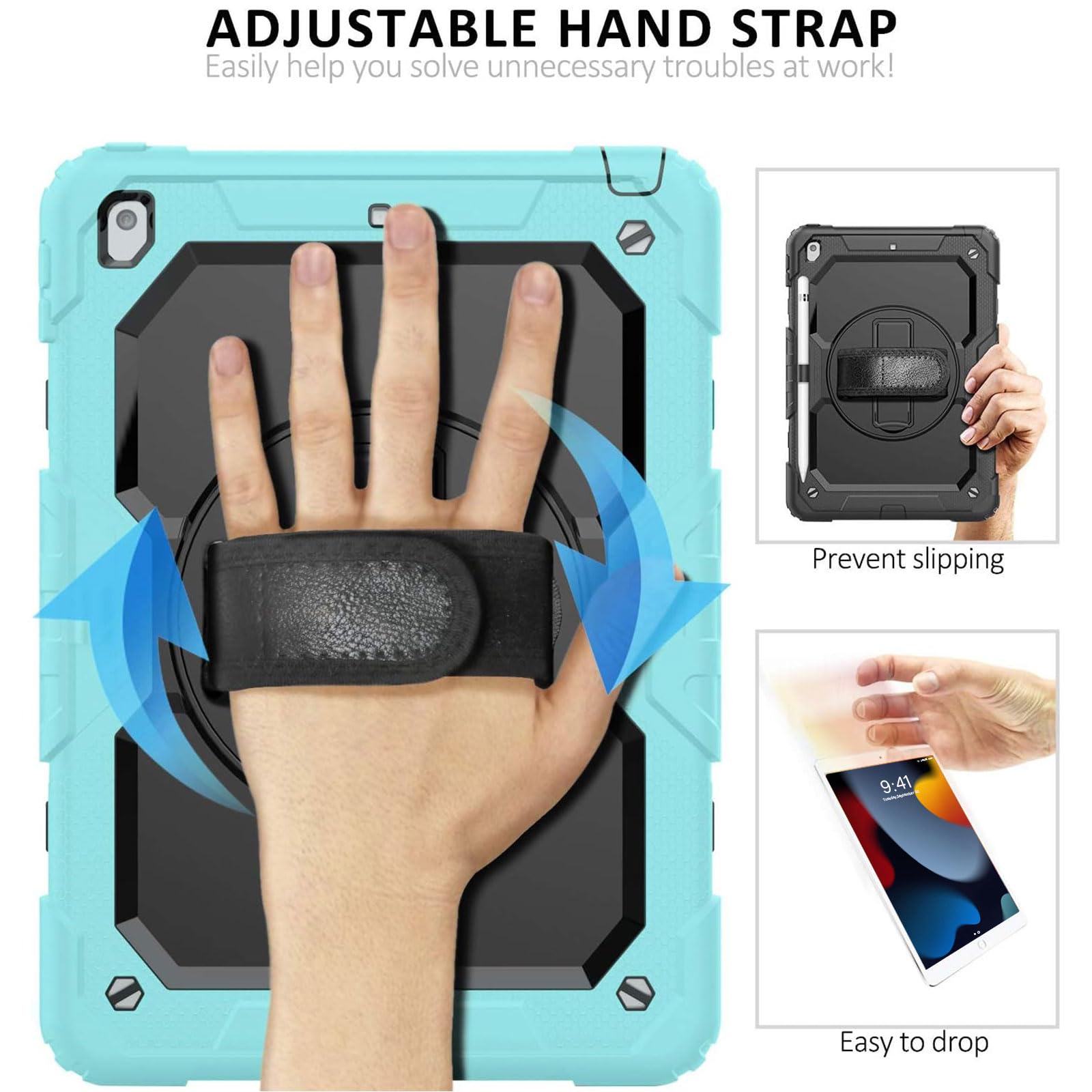 Ipad 9Th/8Th/7Th Generation Case, Ipad 10.2 Case 2021/2020/2019, [Kid Proof] Ambison Drop Proof Case With 9H Screen Protector, Rotatable Kickstand & Hand Strap, Shoulder Strap (Sky Blue & Black)