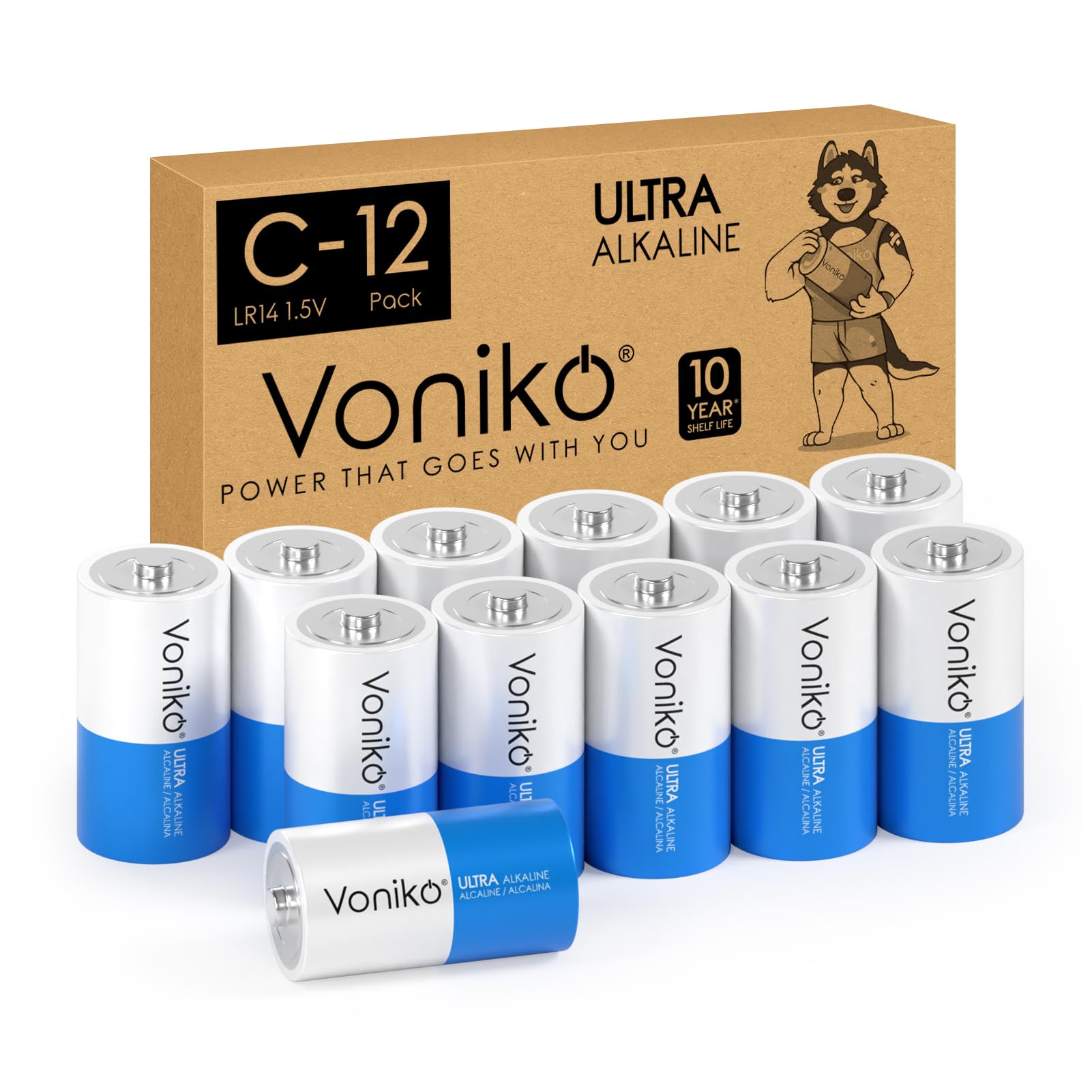 Voniko Ultra Alkaline C Batteries, C Size LR14 Batteries 12 Pack - 10-Year Shelf Life and 6-9 Times The Power as Carbon Batterie