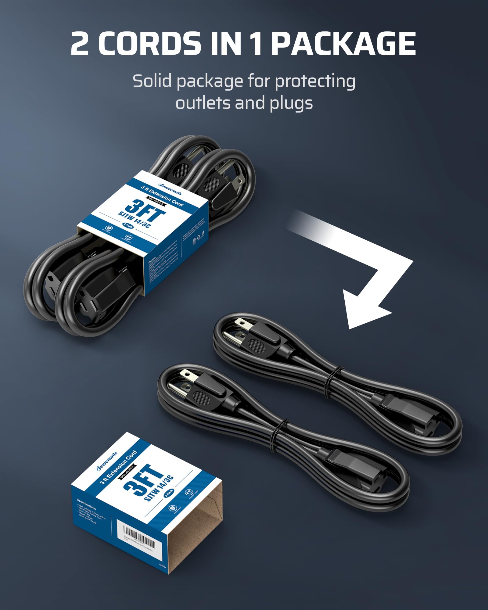 Dewenwils Extension Cord 3Ft, 14/3 Sjtw Weatherproof Power Cable For Indoor Outdoor Use, 3 Prong Heavy Duty Power Cord, Nema 5 1