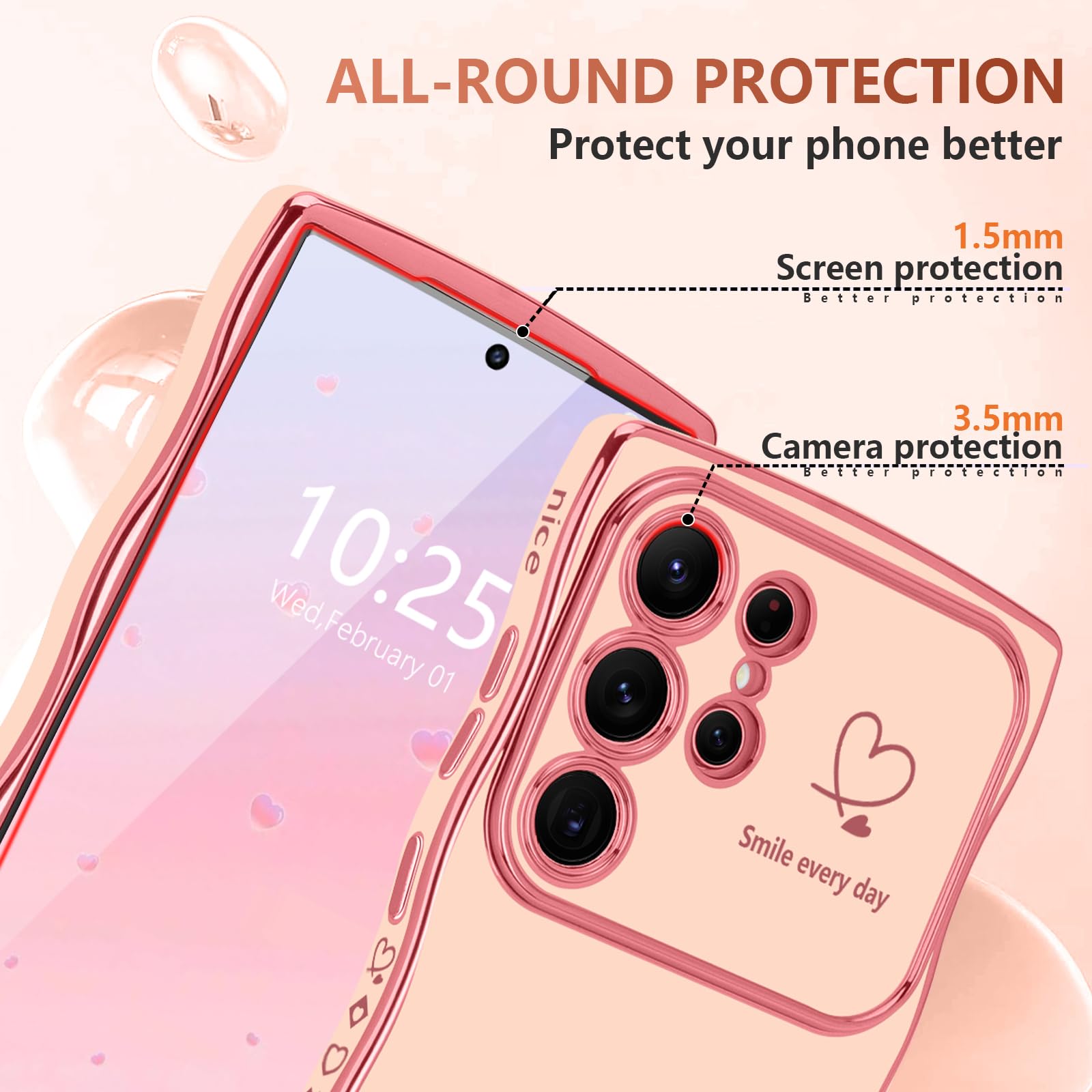 Lchulle For Samsung Galaxy S23 Ultra Case For Women Girls, Cute Wave Frame Curly Shape With Love Heart Raised Camera Protection