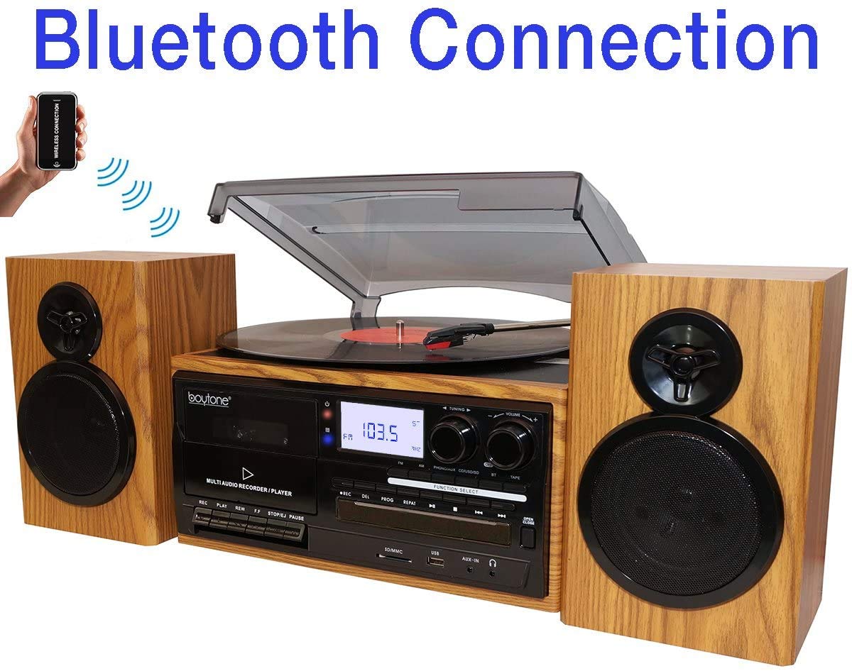 Boytone Bluetooth Classic Style Cd Player Turntable With Am/Fm Radio, 2 Separate Stereo Speakers, Record From Vinyl, Cassette To
