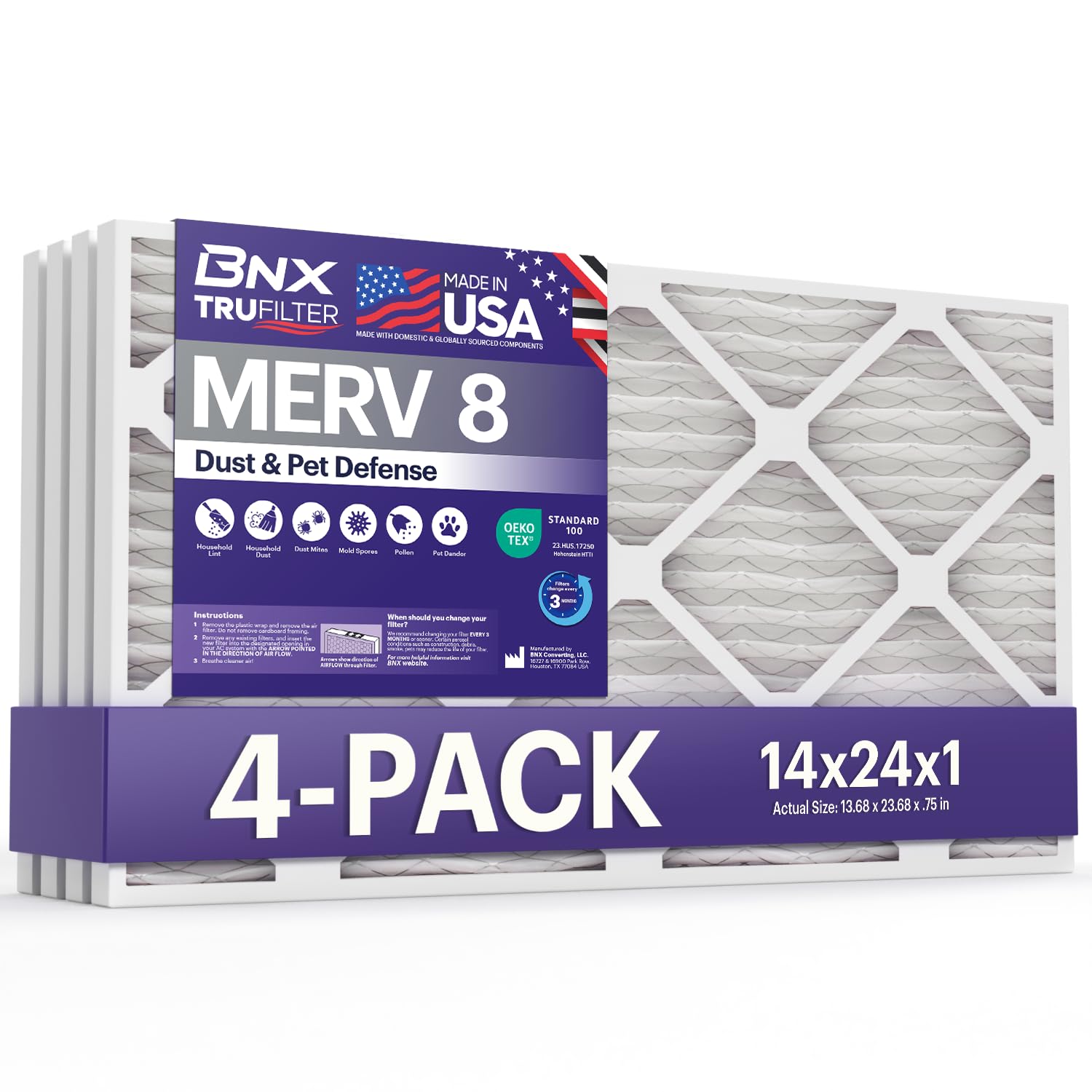 BNX TruFilter 14x24x1 Air Filter MERV 8 (4-Pack) - MADE IN USA - Dust & Pet Defense Air Conditioner HVAC AC Furnace Filters for 