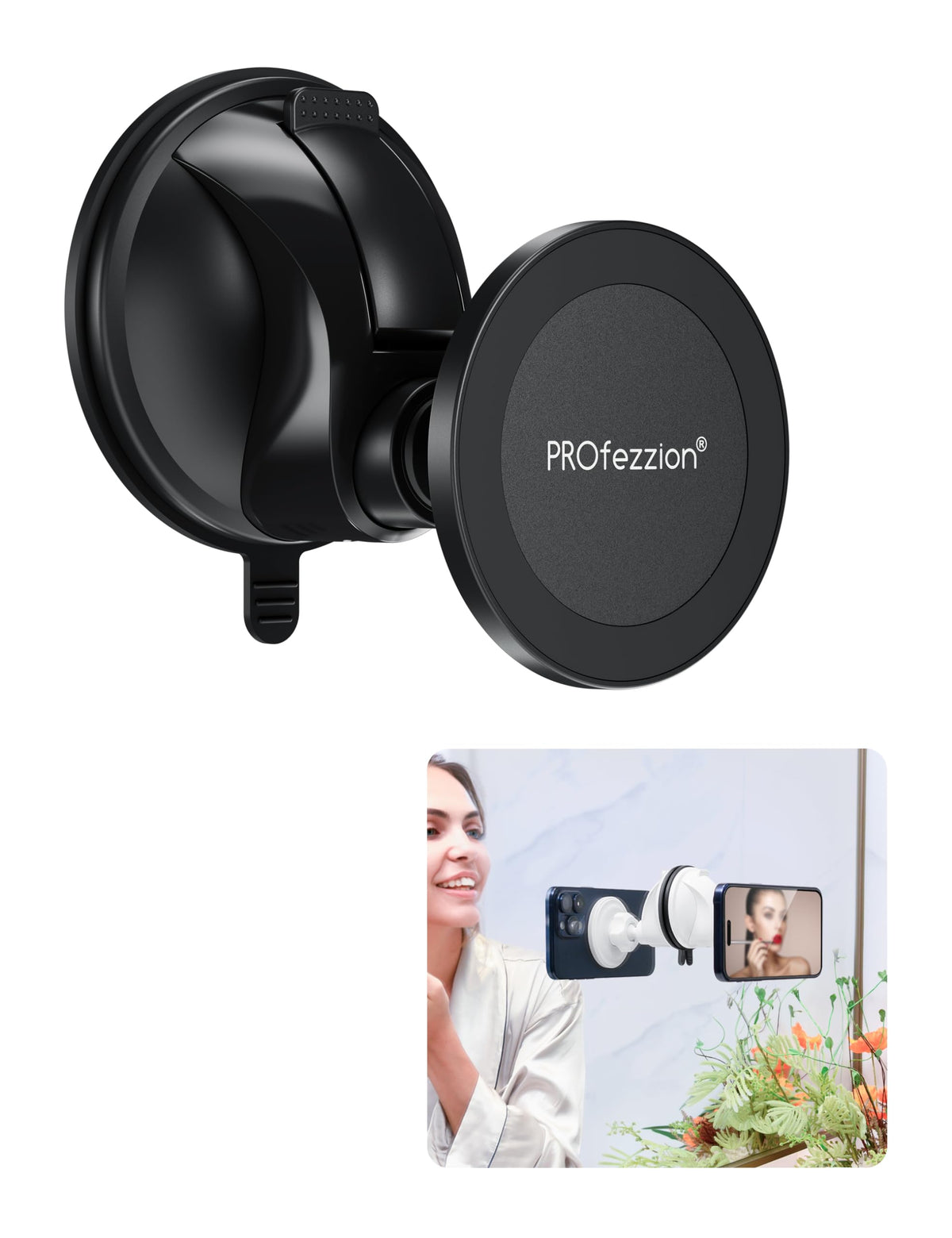 Profezzion Multi-Surface Suction Mount Detachable Magnetic Phone Holder For Mirror Shower Bathroom Kitchen Window Videos Compati
