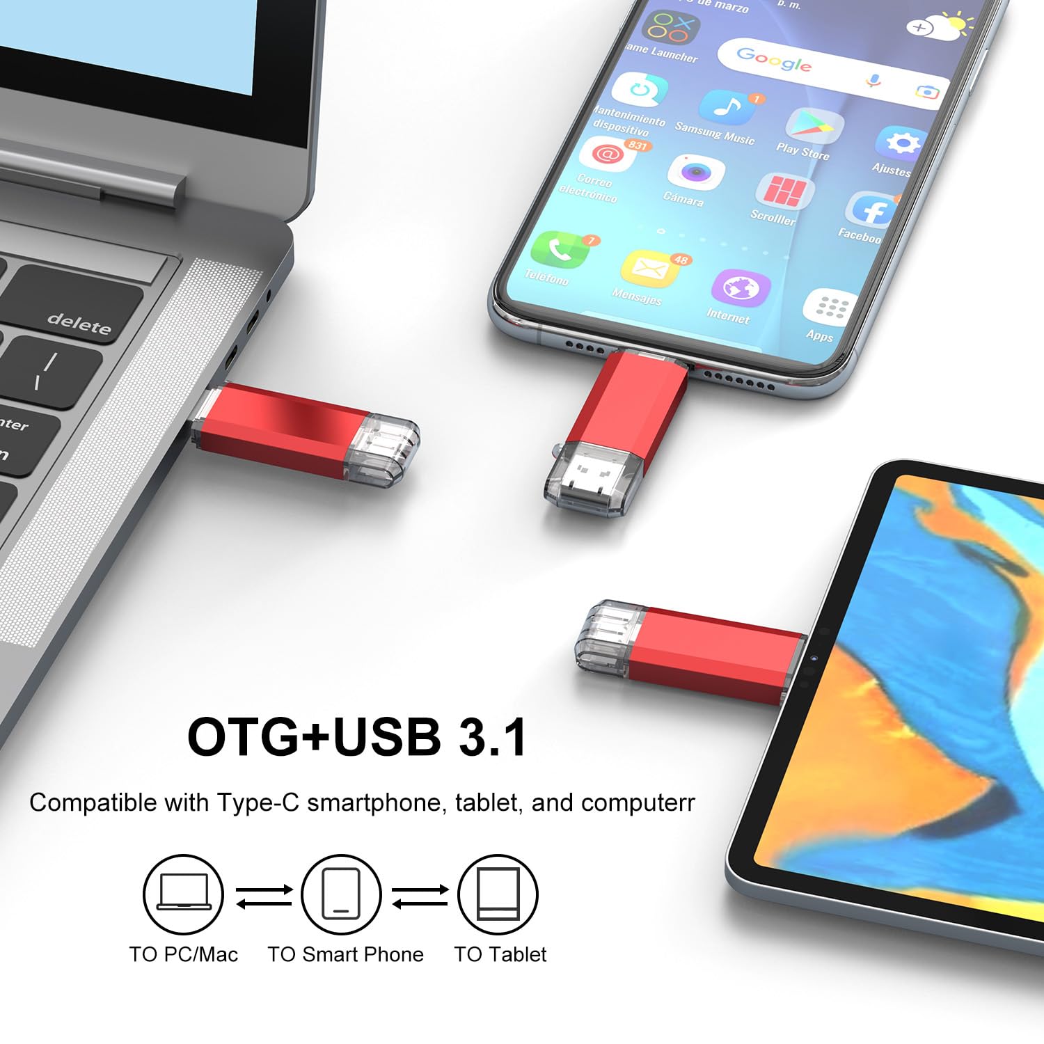 Raoyi 128Gb Usb C Flash Drive Upgraded 130Mb/S, 2 In 1 Usb 3.1 Type C Dual Otg Metal Thumb Drive Memory Stick With Keychain Suitable For Usb C Smartphones, Pc, Macbooks And Tablets (Red)