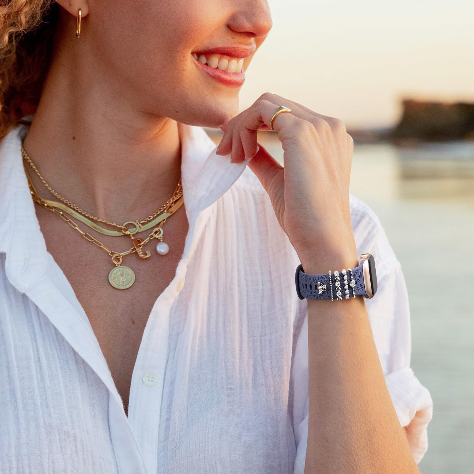 Daqin Flower Engraved Band Compatible With Apple Watch Bands 44Mm 42Mm 45Mm 46Mm For Women, Soft Silicone Band With Decorative A